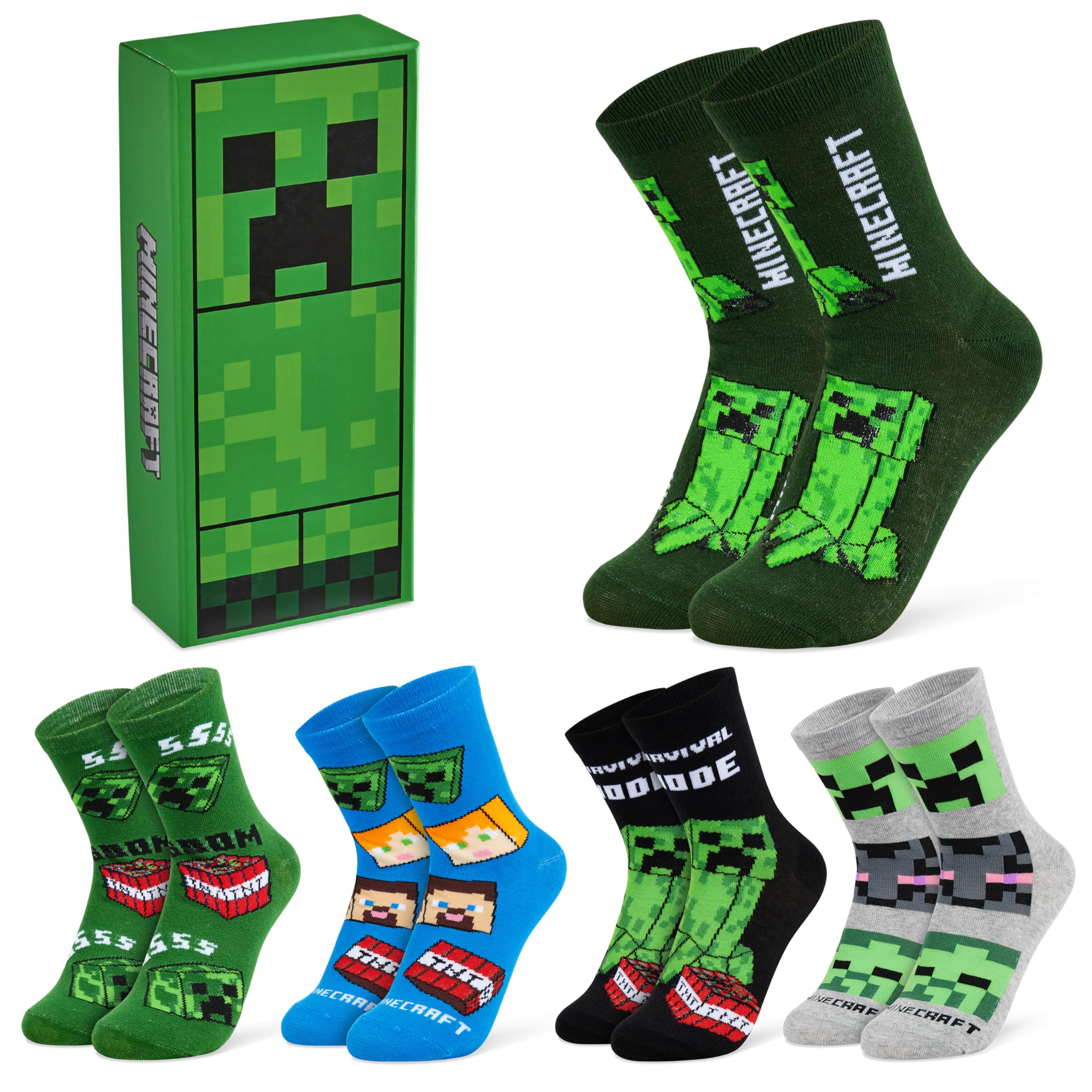 Minecraft Boys Green Rectangle - 5 Pack Calf Length Socks, Soft Breathable Creeper Everyday Sports School Socks Multipack - Gifts For Gamers (Green Rectangle/5 Pack, 3.5/6.5 Uk, 9-14 Years)