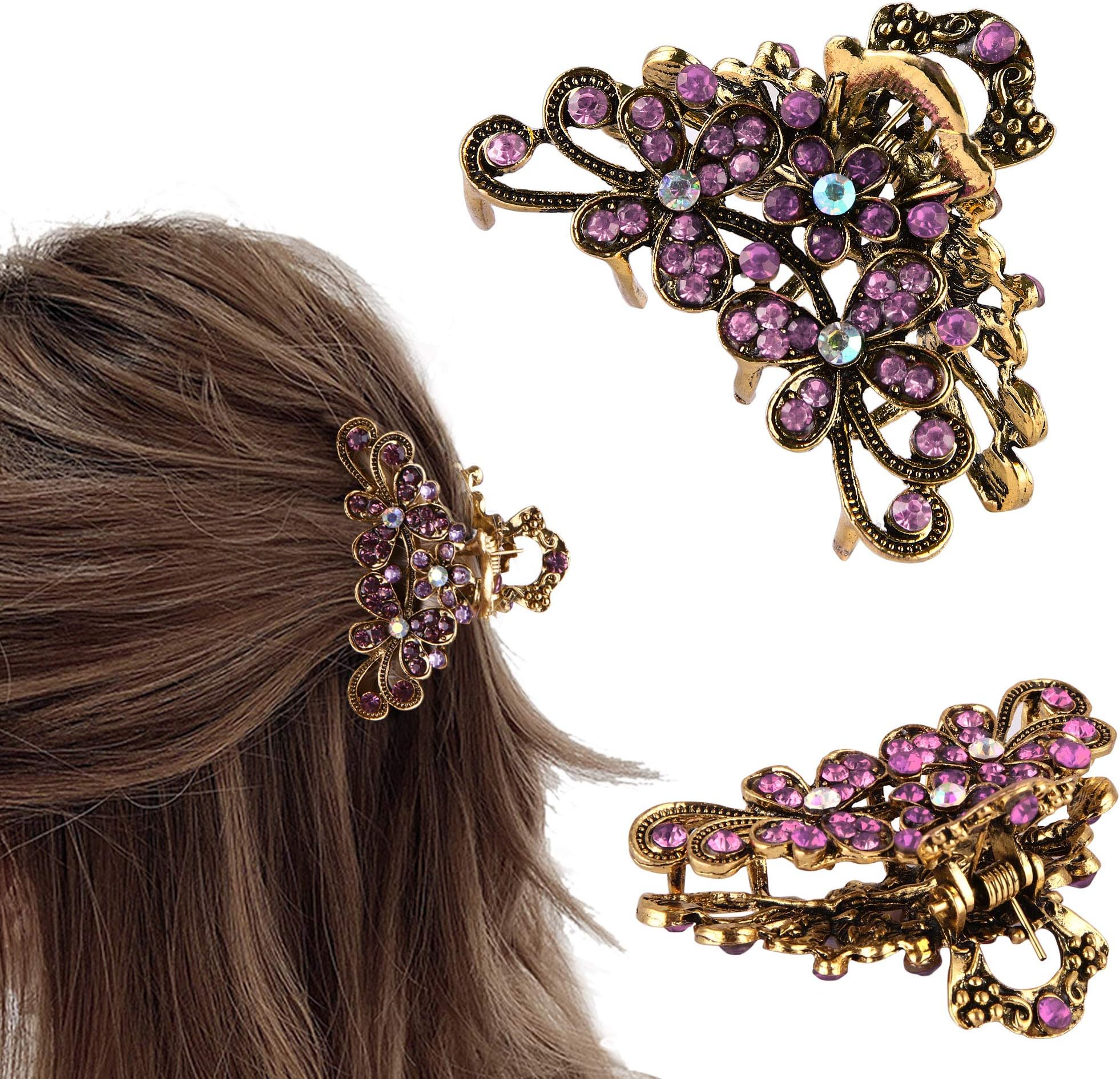 CROWN GUIDE Vintage Rhinestone Hair Claw Crystal Jaw Clips,Metal Alloy Fancy Hair Barrette Decorative Flowers Hair Clasps Accessories for Women Thick Hair Purple