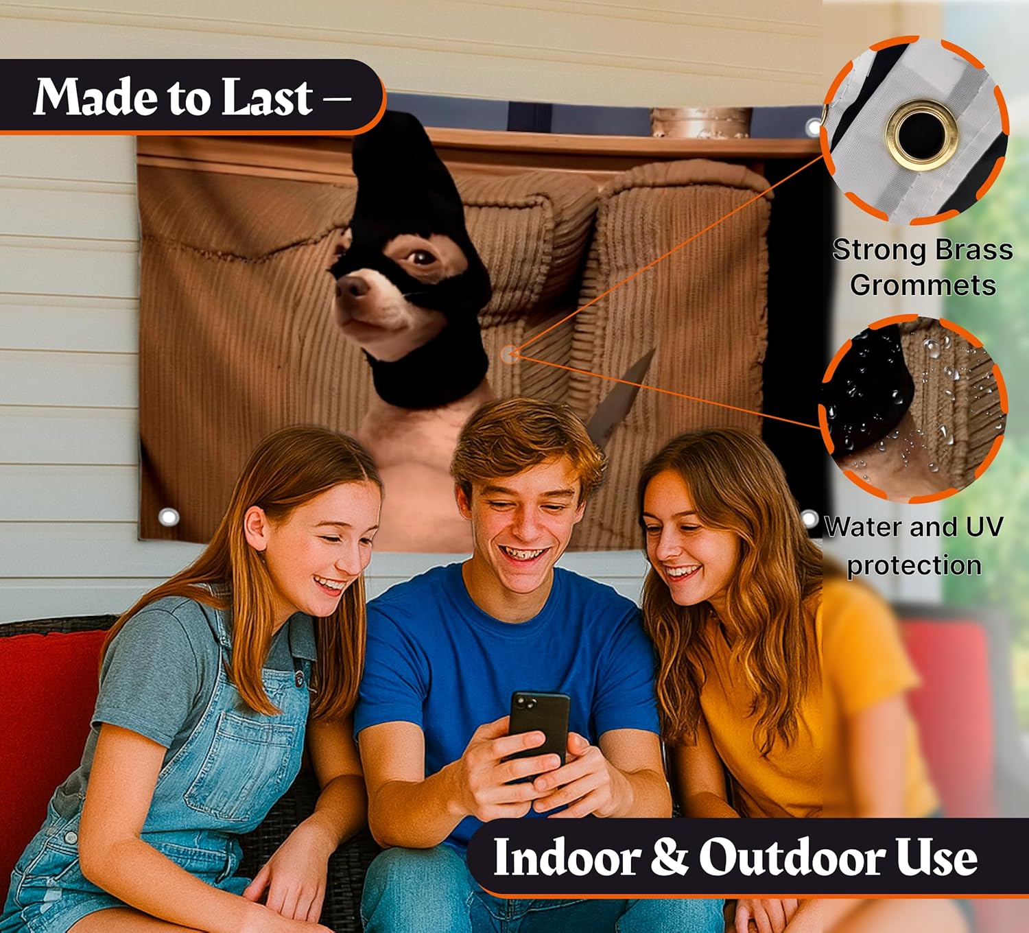 3x5 Feet Dog with a Knife Tapestry Single Sided Flag with 4 Brass Grommets - Polyester Funny Dogs Outdoor or Indoor Flag - Animals Tapestry For Classroom - Funny Dog in Bandana Meme Wall Decorations - Image 4