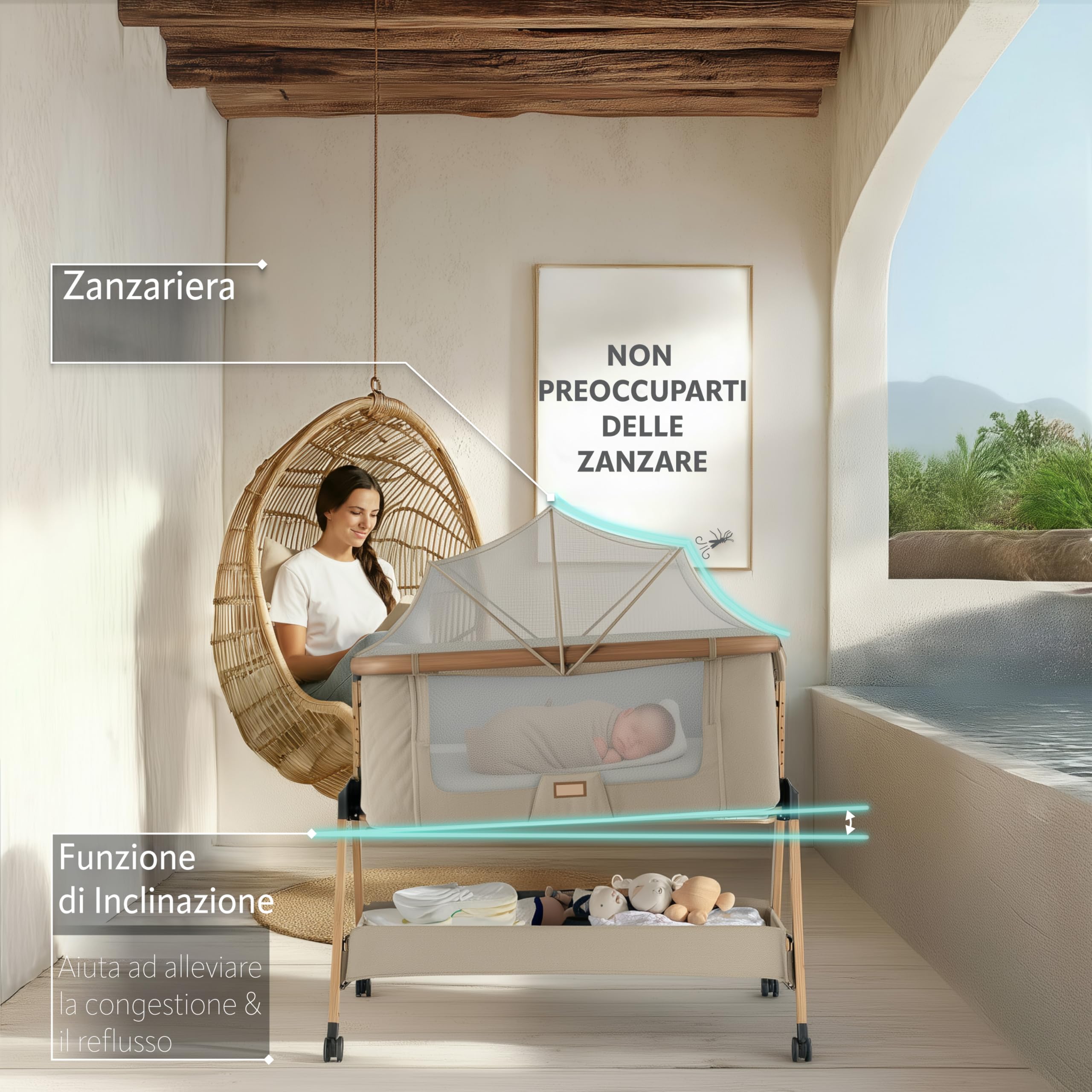 Love For Sleep SnooBee Culla Neonato Co-Sleeping Regolabile in Altezza – Lettino Next To Me con Materasso, 6 Livelli, Ruote con Freno, Mesh Traspirante, Zanzariera, Pieghevole con Borsa (0–6 mesi)