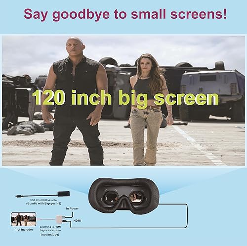 Vista 3 de Bigeyes H3 Personal Mobile Movie Cinema -Video Glasses with HDMI Input,Video Goggles,Built in Battery,Not VR HMD,Connected to Various Media Sources