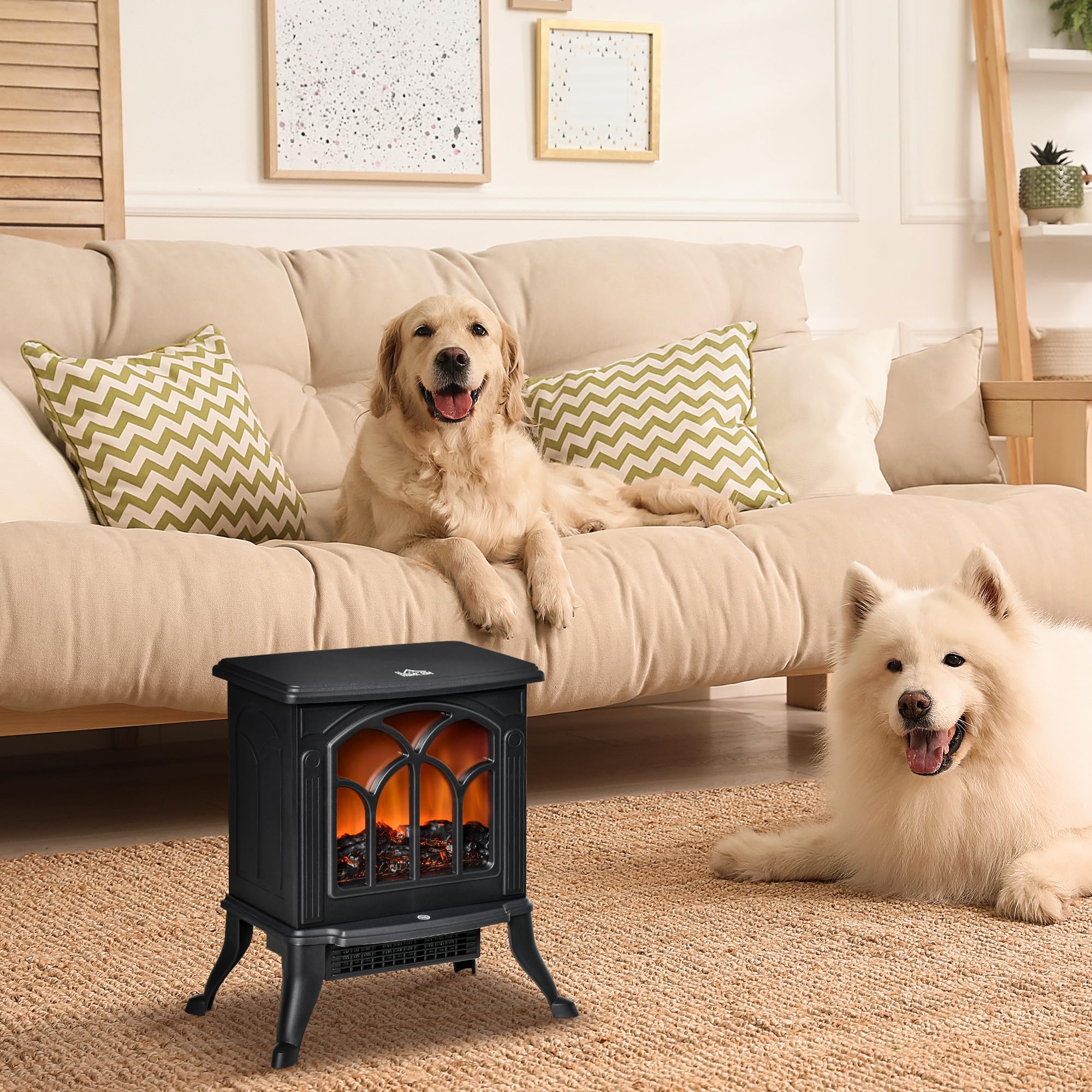 HOMCOM Chimenea Eléctrica de Pie 750/1500 W, Chimenea Decorativa con 2 Niveles de Potencia, Efecto Llama, Protección Sobrecalentamiento, Área de Cobertura 15-20 m², Negro