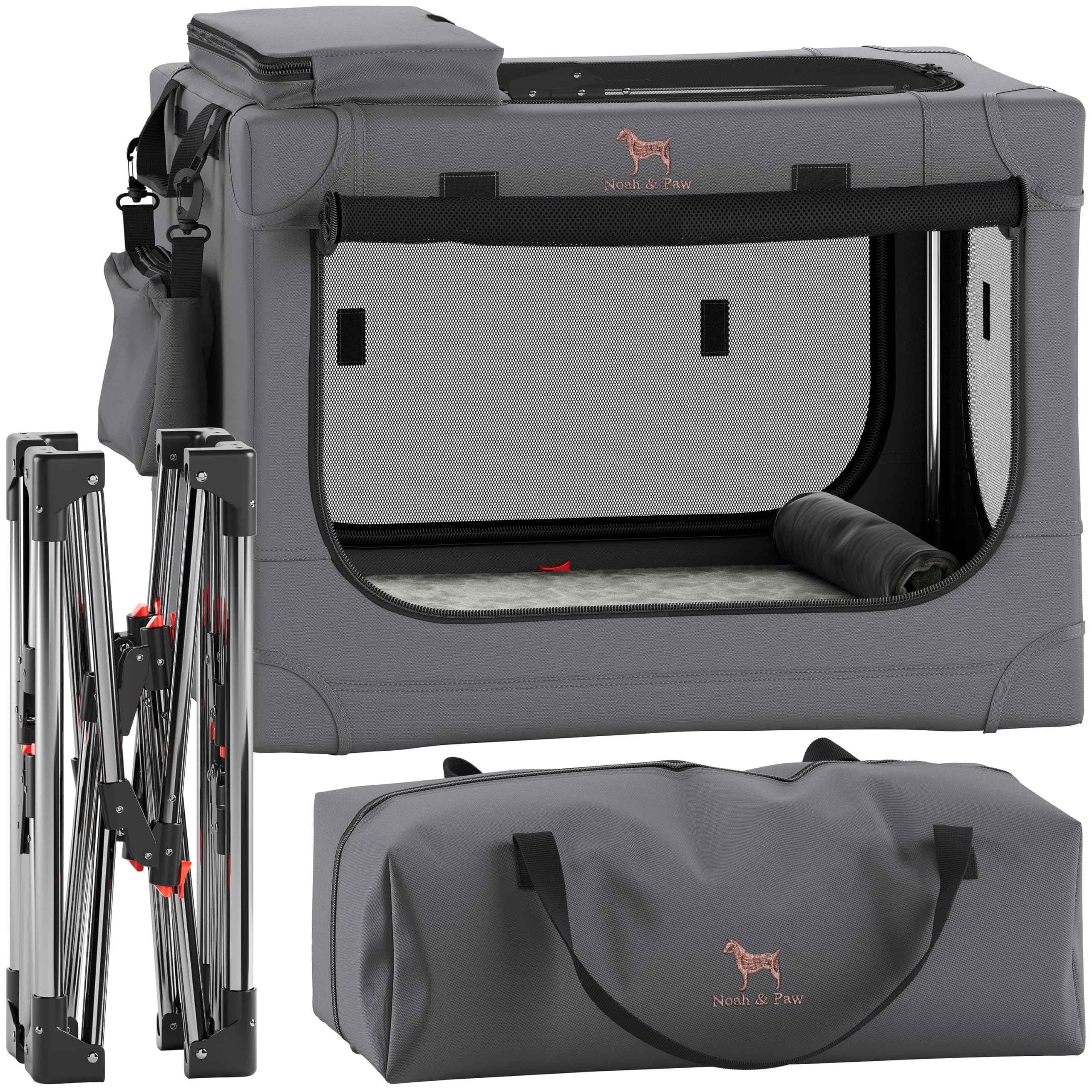 Noah & Paw Collapsible Dog Crate 26 Inch, Small Dog Crate for Small Medium Breeds, Travel Kennel for Car, Including Pet Mat for Pet Cage, 2 Storage Pockets, Handbag, 10mm Locking Zipper 26 * 17 * 17