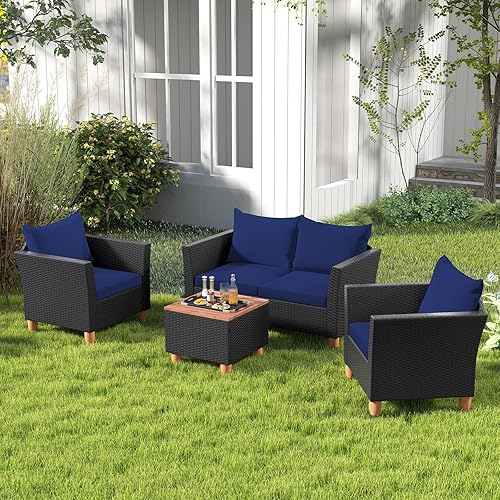 Miniatura 3 de HAPPYGRILL Juego de 4 piezas de mimbre para patio, silla de ratán de polietileno y otomana con cojines extraíbles, mesa de centro de almacenamiento,