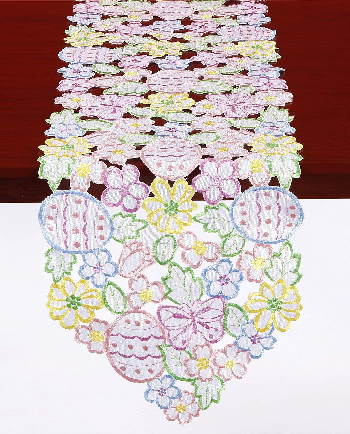 GRANDDECO GRANDDECO イースターエッグ フラワーテーブルランナー 13インチ×54インチ フローラルカットワーク 刺繍卵/バタフライド