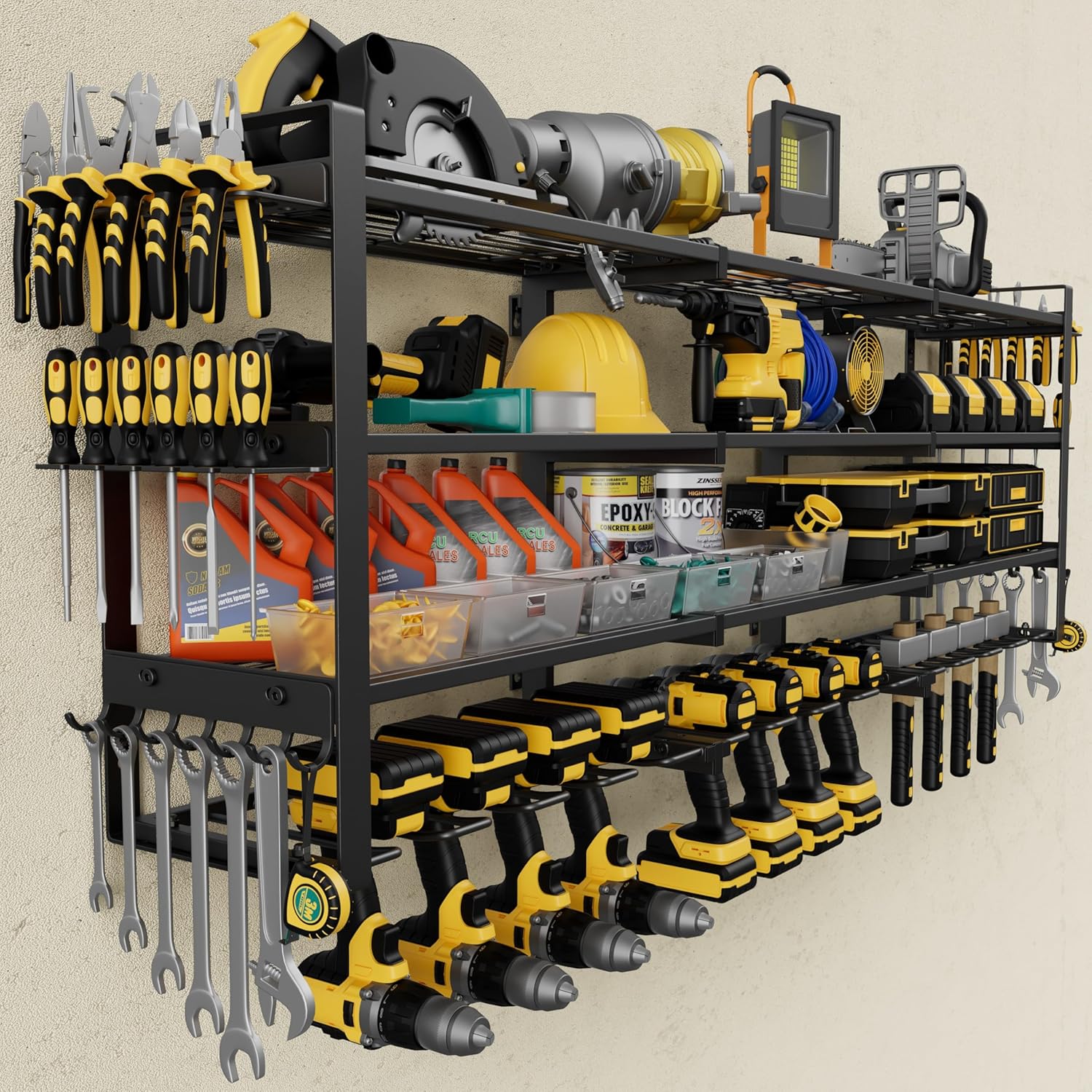 Jusgym 49.4'' Heavy Duty Power Tool Organizer Wall Mount - 4-Tier Rack with 12 Drill Holders, 600lbs Capacity Garage Storage