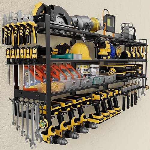Miniatura 11 de Organizador de herramientas eléctricas, soporte de pared, estante de almacenamiento de herramientas de 4 niveles con 8 soportes para taladro,