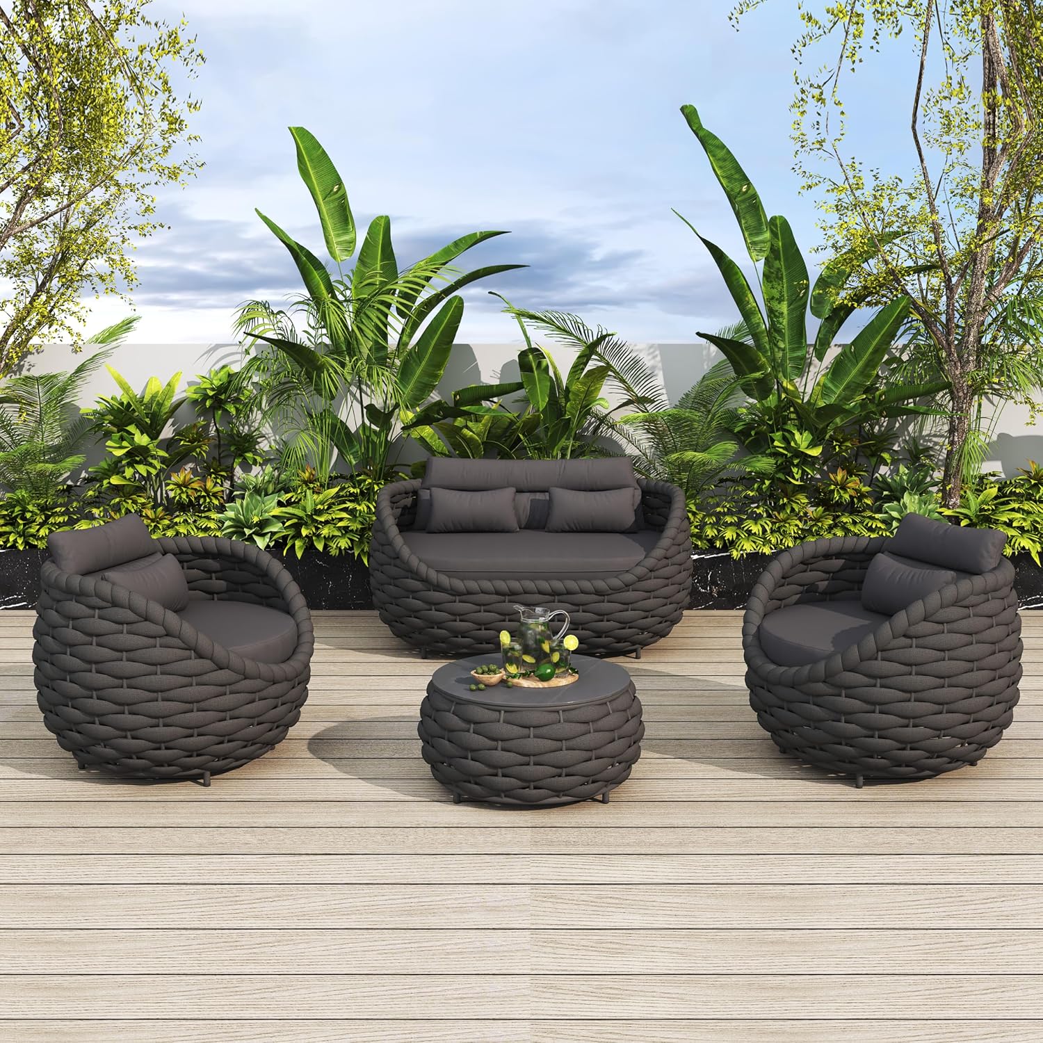 Patio Sofa Set, Dark Grey, 4 Pieces | Outdoor & Indoor Use, All-Weather, Textilene, Sectional Sofa, Coffee Table, Aluminum Frame