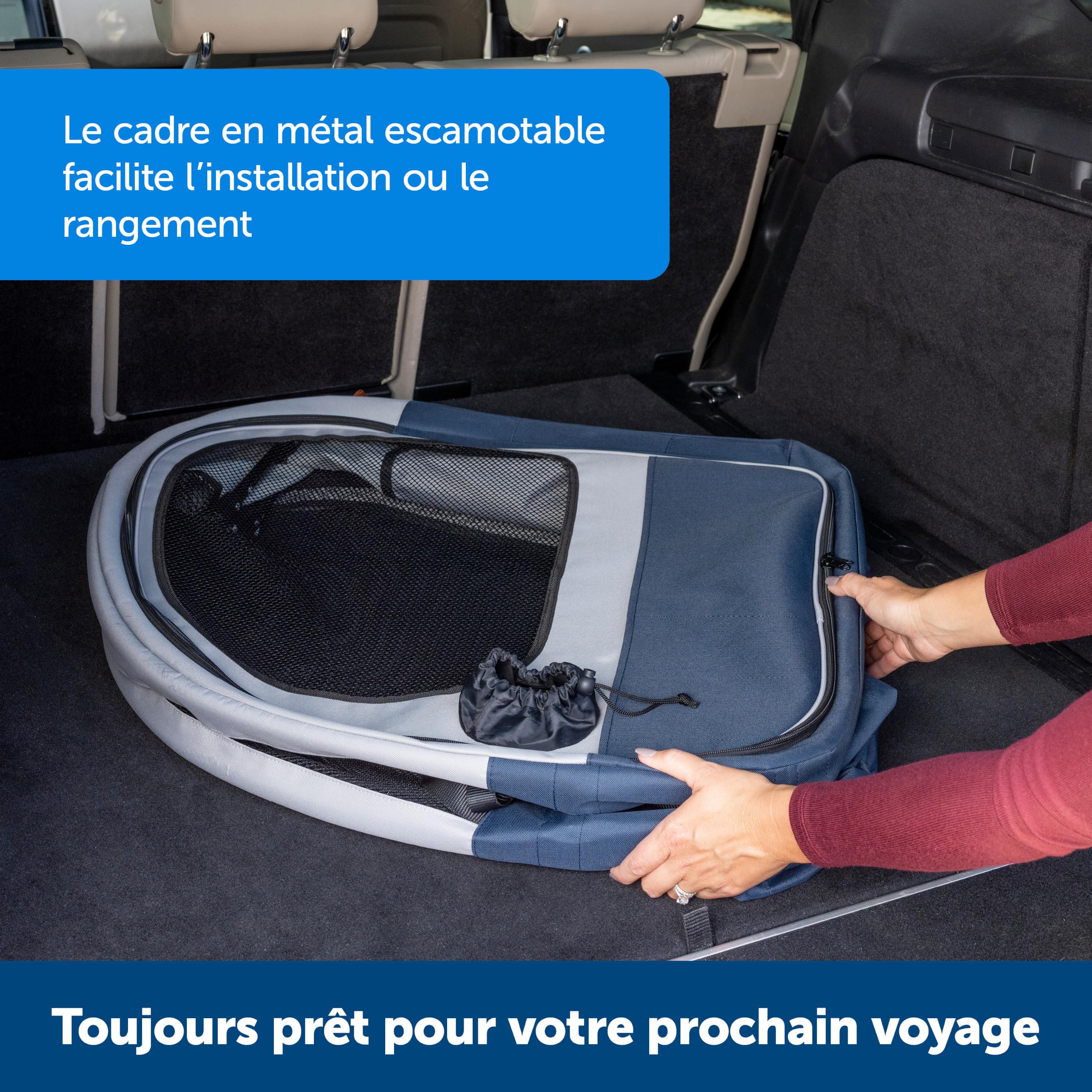 PetSafe Cabine de Voyage Pliable pour Animaux jusqu'à 27 kg, se Plie pour Un Rangement Facile, Doublure molletonnée,Lavable en Machine, 2 Poches de Rangement, Gris/Bleu étanche, Lavable à la Machine