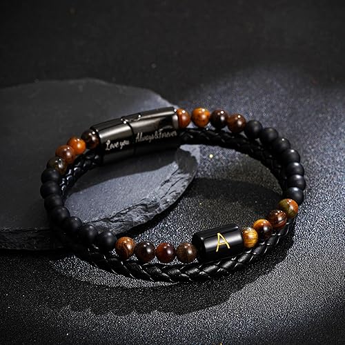Miniatura 5 de Pulsera con inicial para hombres, regalos para el día del padre, cuentas de cuero, pulsera con inicial, pulseras de piedra natural, regalos para él,