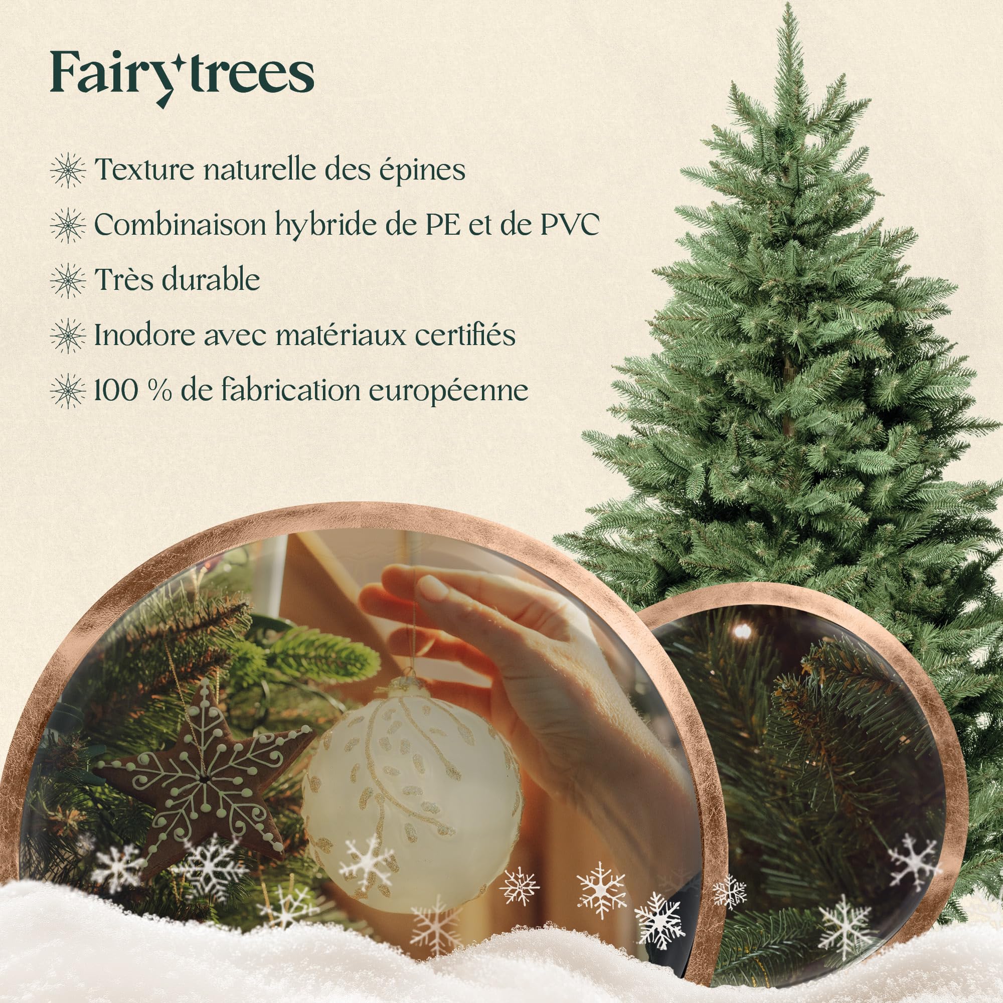 FAIRYTREES Sapin de Noël Artificiel, Nordmann Premium 180 cm, Éléments naturels moulés par Injection, Fabriqué en UE, Arbre de Noël avec Support en Bois de frêne Fait à la Main