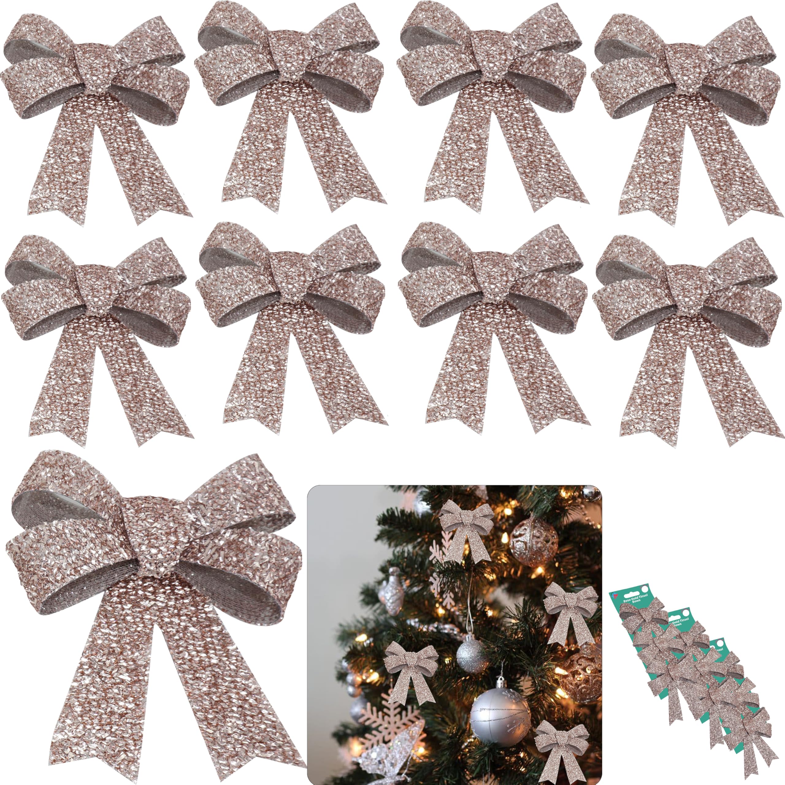9PCS Rose Gold Christmas Glittered Decorative Tie-On Bows - 11cm, Festive Holiday Ornaments for Xmas Tree, Wreath & Gift Decoration