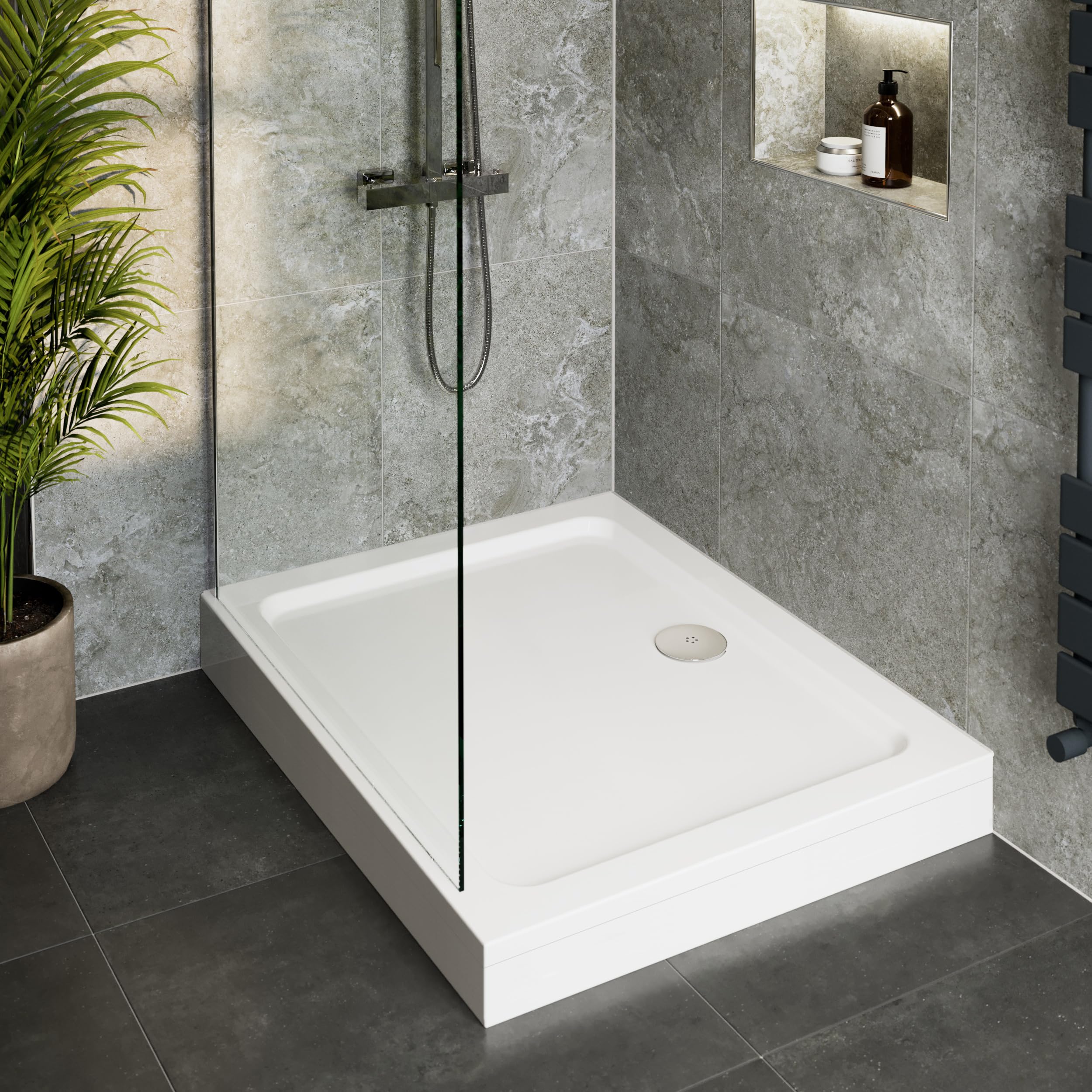 Hydrolux® 900 x 800 x 140mm White Bathroom Shower Tray for Enclosures Cubicles & Wet Room with Chrome Waste + Riser Kit, Rectangular