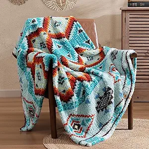 CASAAGUSTO Boho Sherpa Blanket,Teal Aztec Twin Blanket, Ultra Soft, Warm, Cozy, Plush, Thick Fleece Western Blanket for Couch, Bed, Sofa (Aqua 60 * 80 Inch)