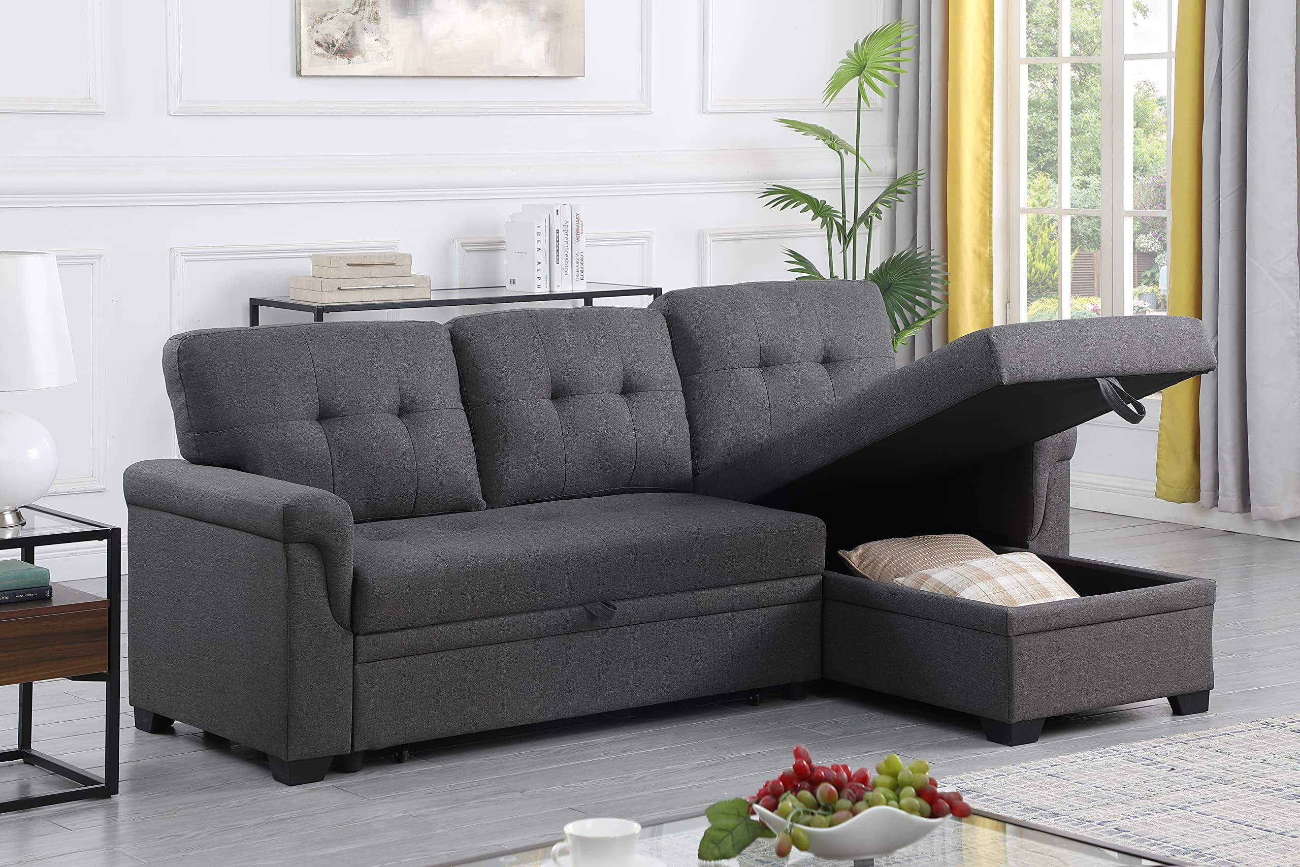 OMGO84'' L-Shape Convertible Sleeper Sectional Sofa with Storage Chaise and Pull-Out Bed, Linen Upholstered Reversible Corner 3 Person Couch, for Living Room, Apartment, 84, Dark Gray-1