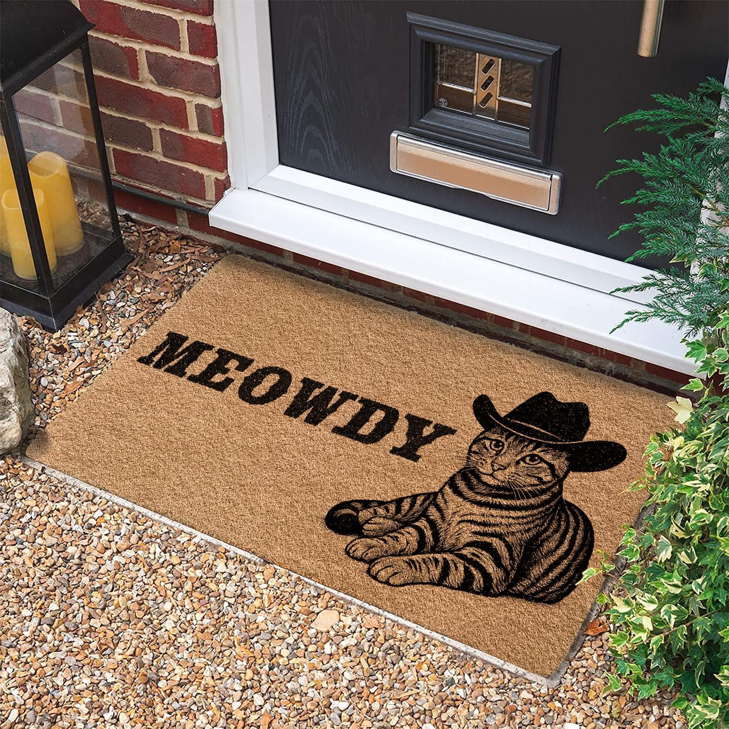 Western Cowboy Cat Faux Coir Door Mats Outdoor Outside Entrance 17x30 Inch, Funny Tabby Cat Welcome Mats Entry Rug for Front Door Porch Entryway