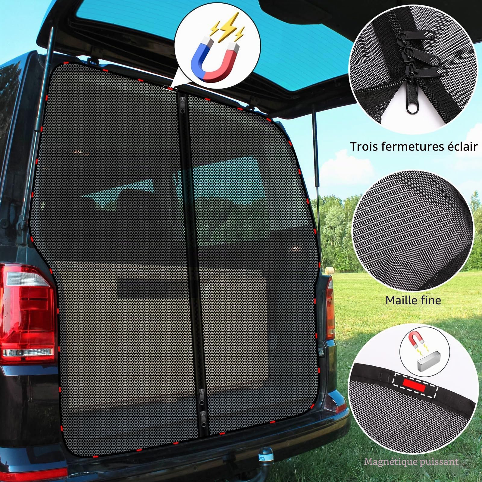 ZATOOTO Pare Soleil pour Hayon Voiture Compatible avec VW T5 T6, Moustiquaire Magnétique Rideau de Séparation Amovible, Moustiquaire pour Les Voyages en Camping