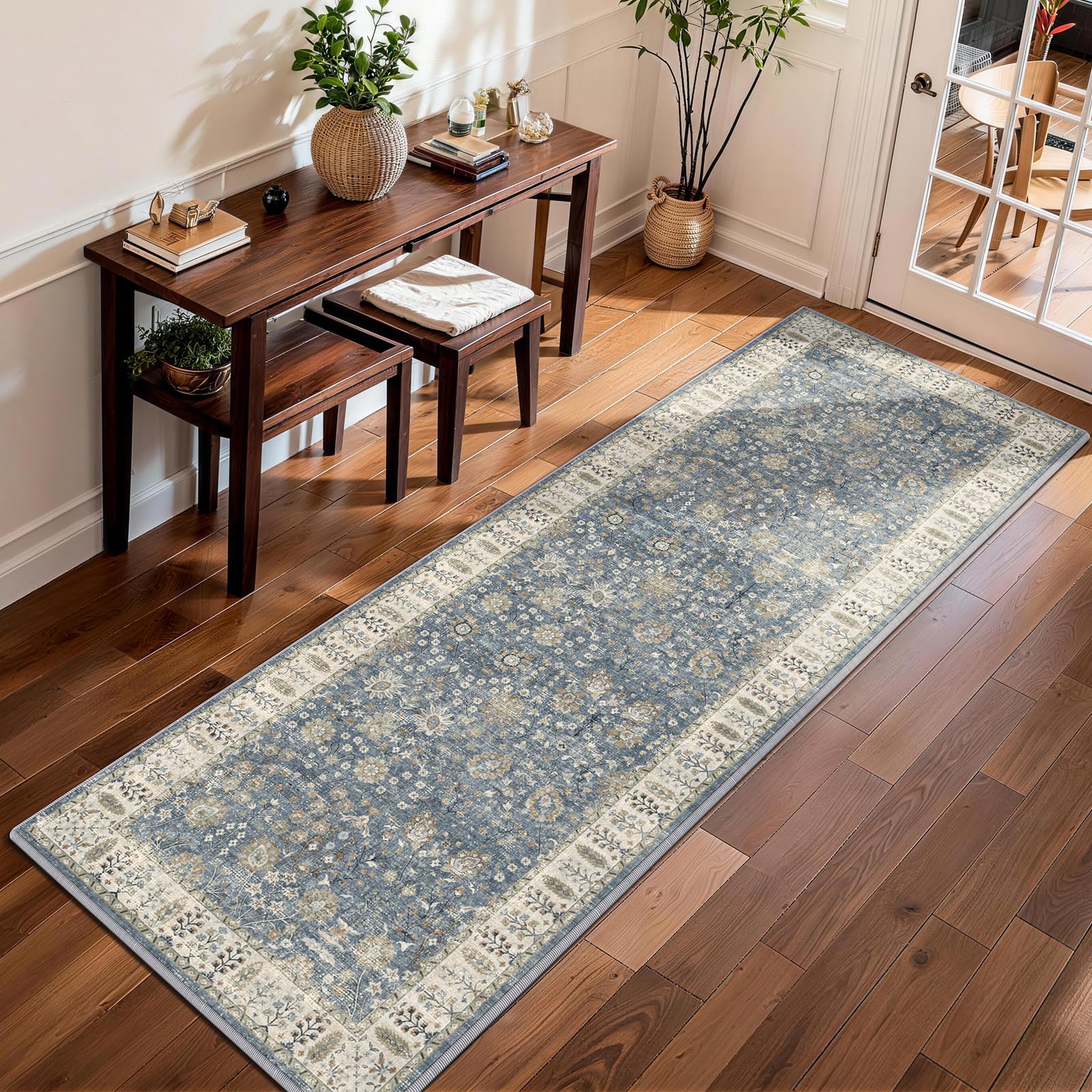 XSIVOD Vintage Washable Non-Slip Runner Rugs for Hallway, 60x180cm, Blue