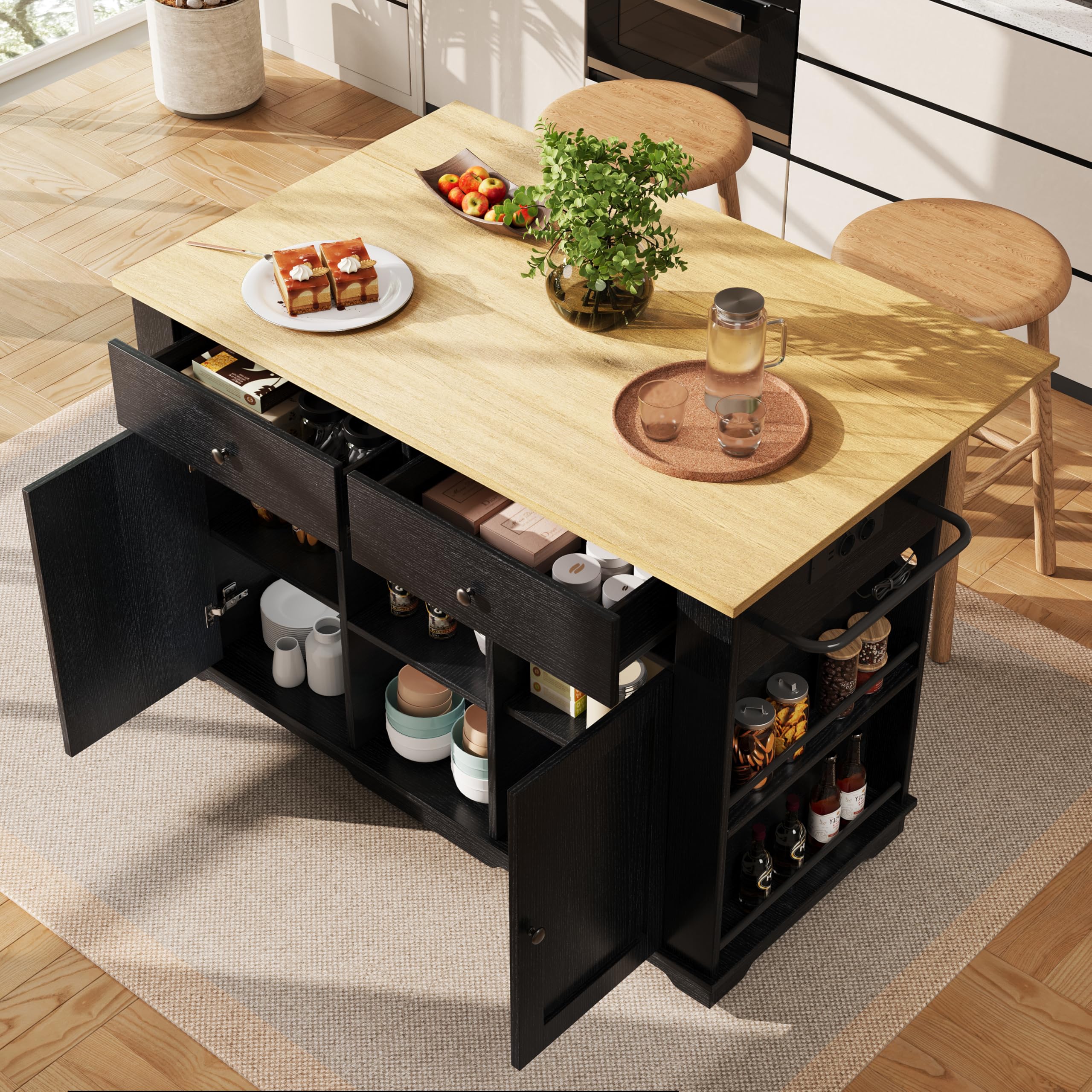 Merax Isla de cocina con encimera, carrito de cocina móvil equipado con regleta, armario buffet con 2 puertas, 2 cajones, estante para especias, toallero, 151,5 x 84,7 x 91,7 cm, color negro
