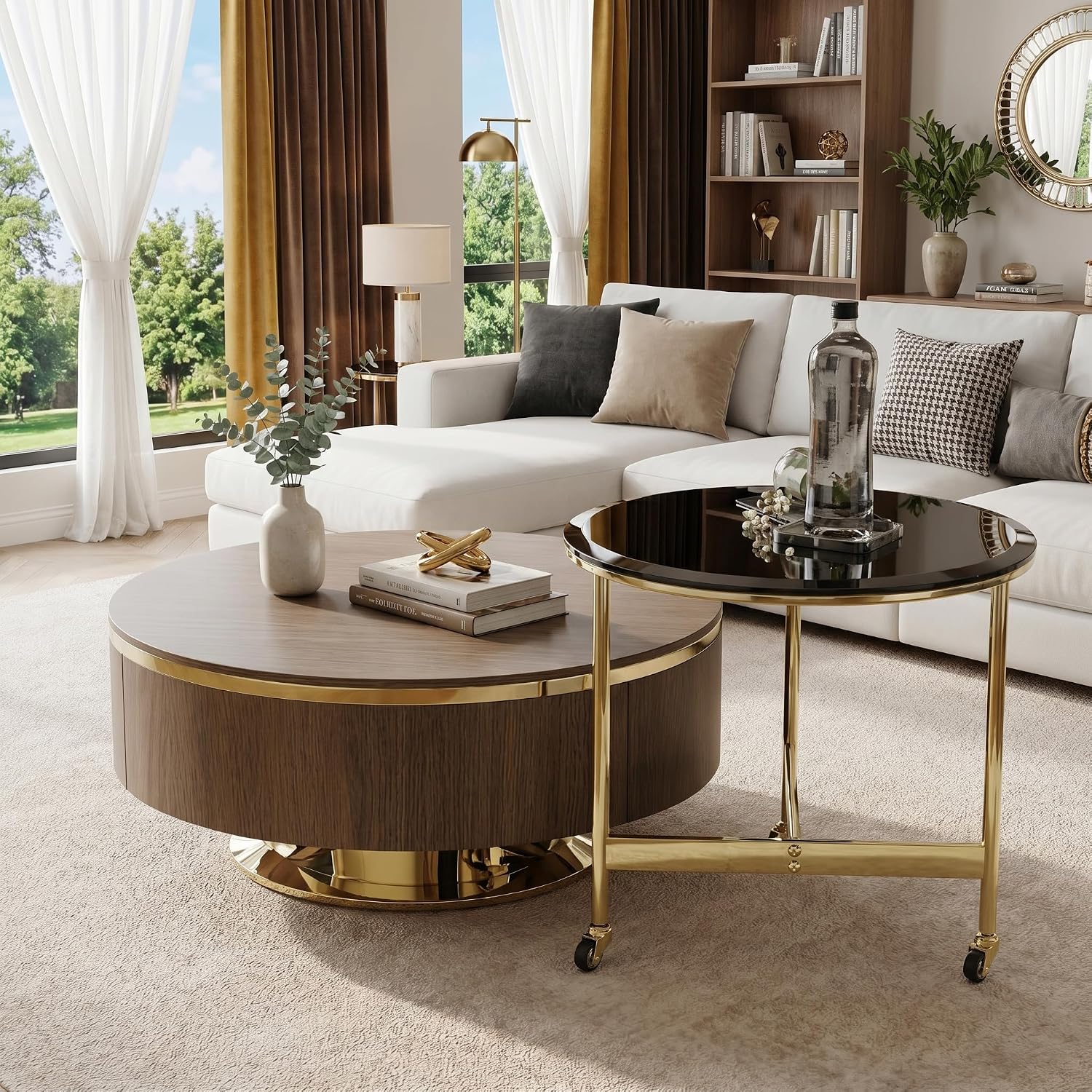 31.5" Walnut Nesting Coffee Table Set with 2 Storage Drawer