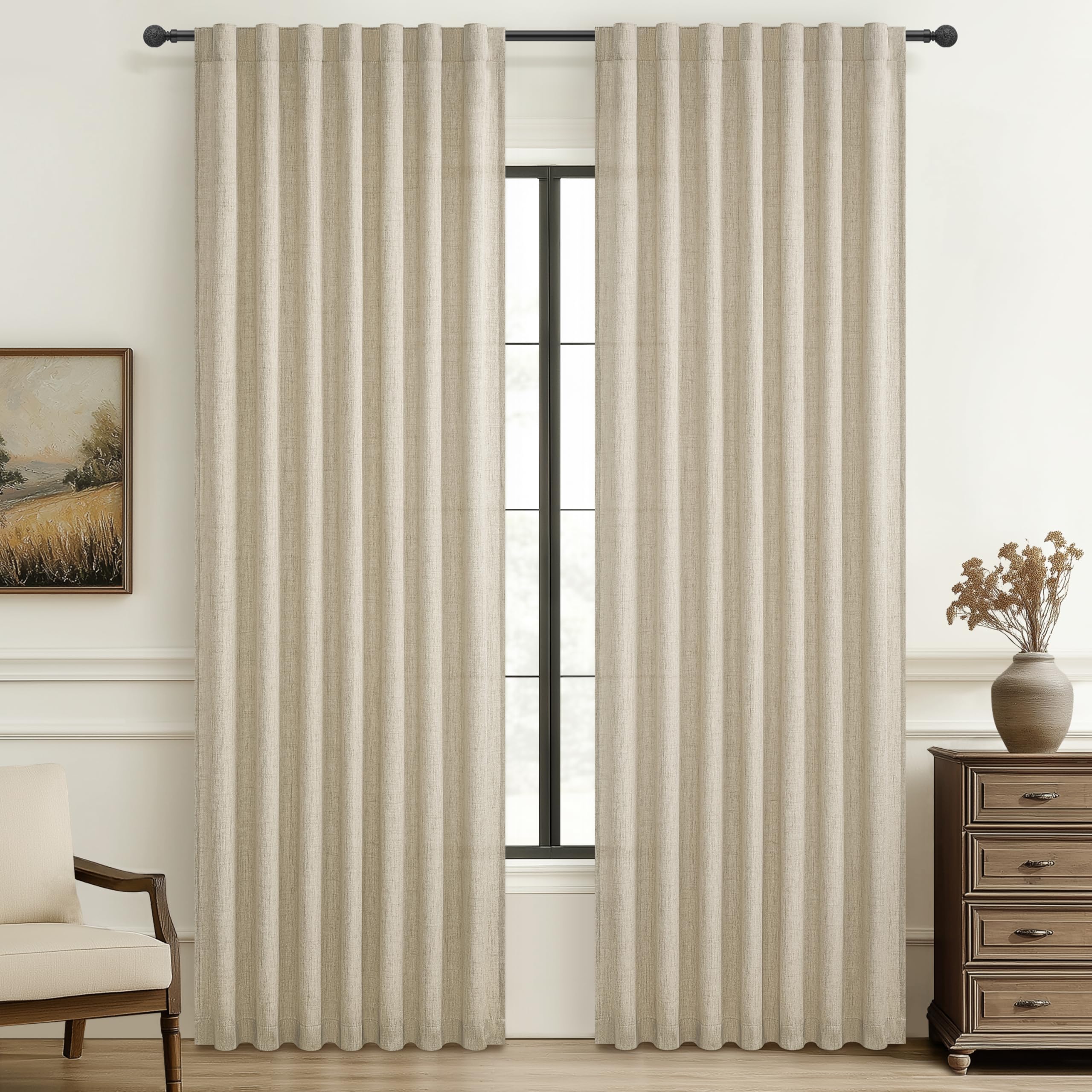Natural Melange Linen Semi Sheer Curtains & Drapes 84 Inch Length 2 Panels Set for Living Room,Warm Beige Pleated Light Filtering Thick Cortinas Para