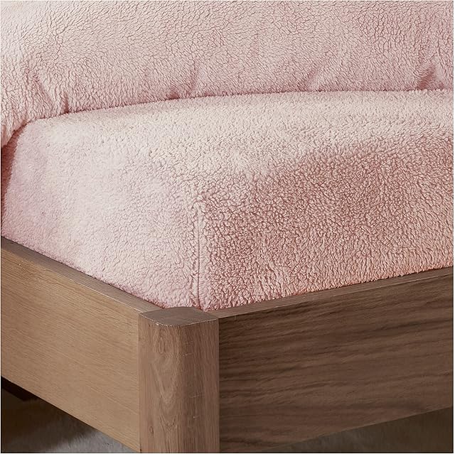 Sleepdown Teddy Fleece Fitted Sheet Plain Thermal Warm Cosy Super Soft Bedsheet Bed Linen - Double - Blush Pink