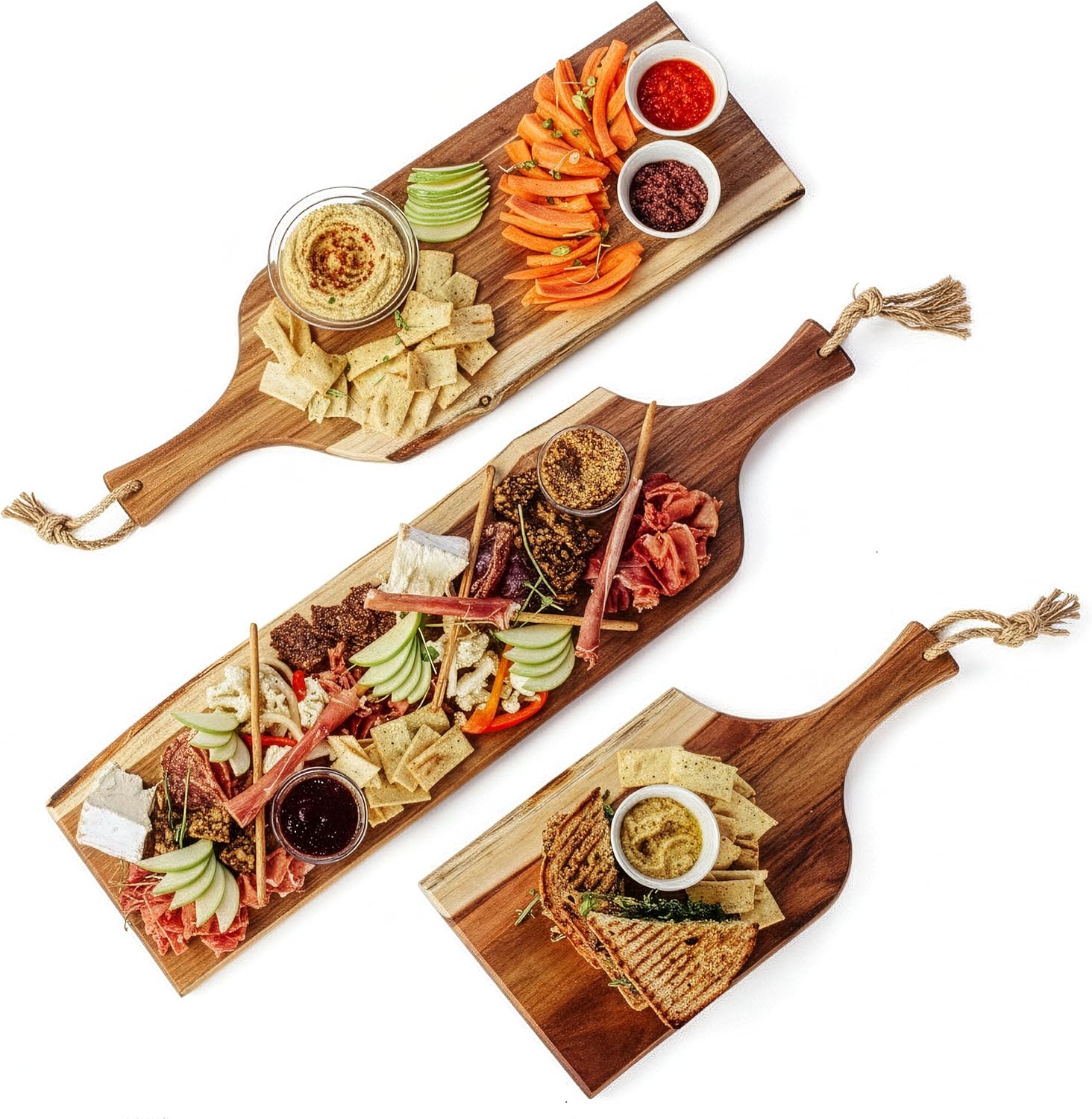 PICNIC TIME Artisan Set of 3 Acacia Charcuterie Board with Raw Wood Edge, Wooden Cutting Board with Handle, All-Purpose Serving Platter, Decorative and Reversible Serving Plank, (Acacia Wood)