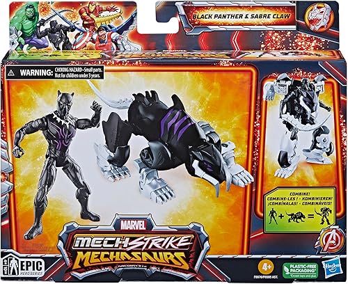 Miniatura 2 de Marvel Mecasaurios de huelga mecánica de 4 pulgadas, pantera negra con figuras de acción de garra de sable, juguetes de superhéroes para niños a