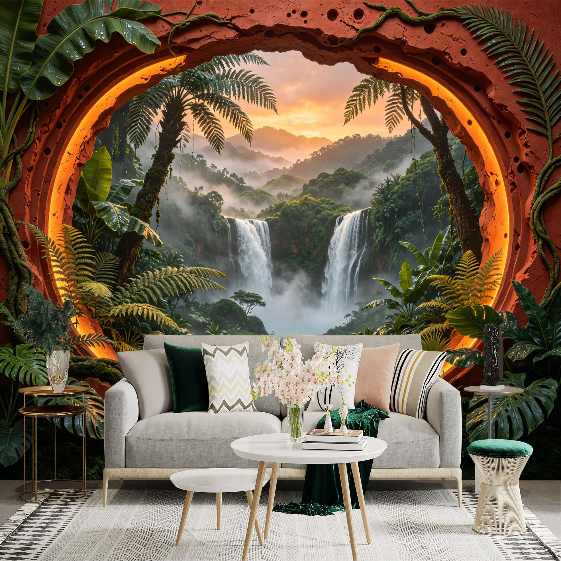 Custom Size Wall Sticker Mural， Tropical Waterfall Landscape with Lush Jungle and Sunset View， for wall Decoration， peelandstick wall Decals.