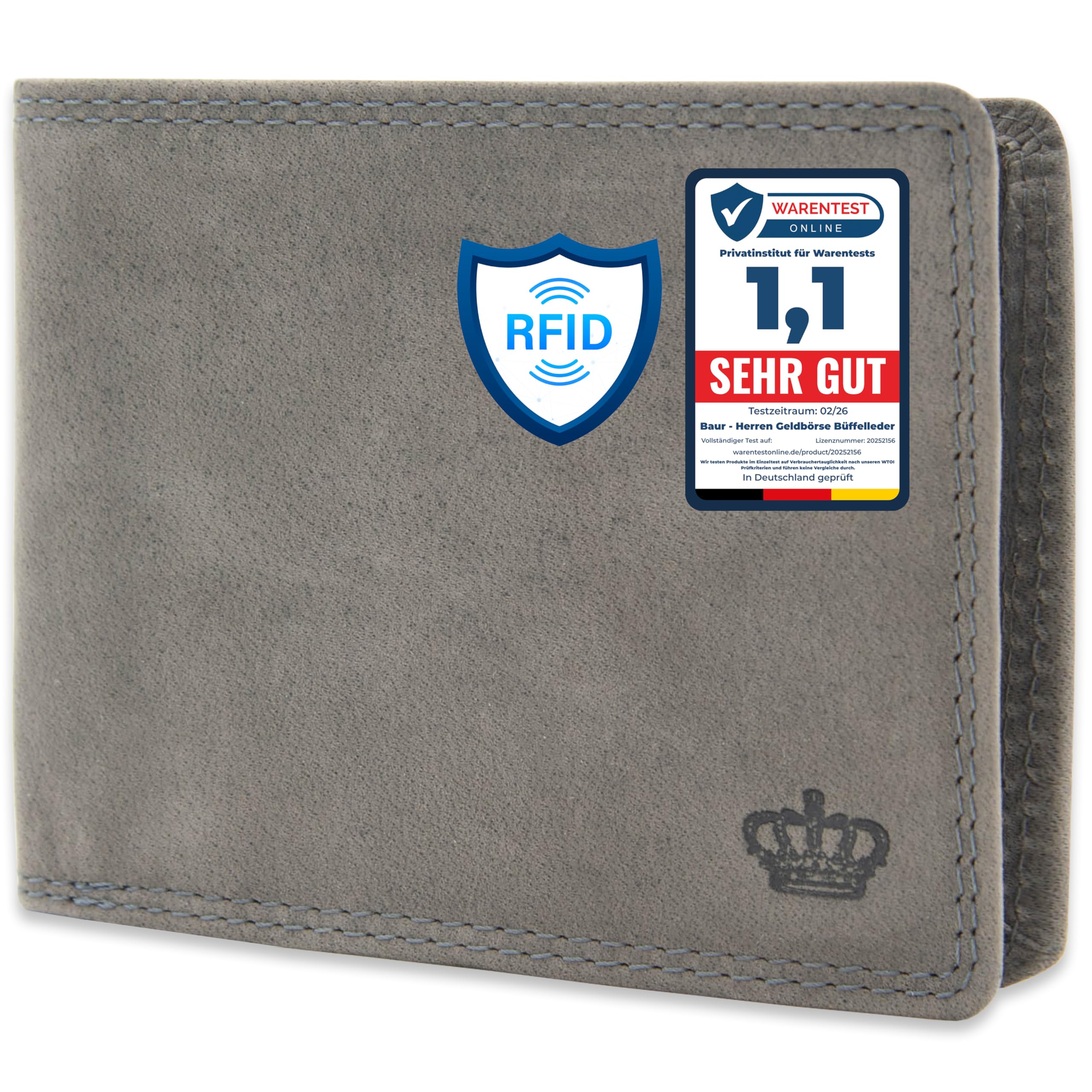 Baur - Cartera de piel de búfalo auténtica para hombre, con protección RFID, formato horizontal, con compartimento para monedas, con muchos compartimentos para tarjetas, gris, 12,5x9,5x2, Formato