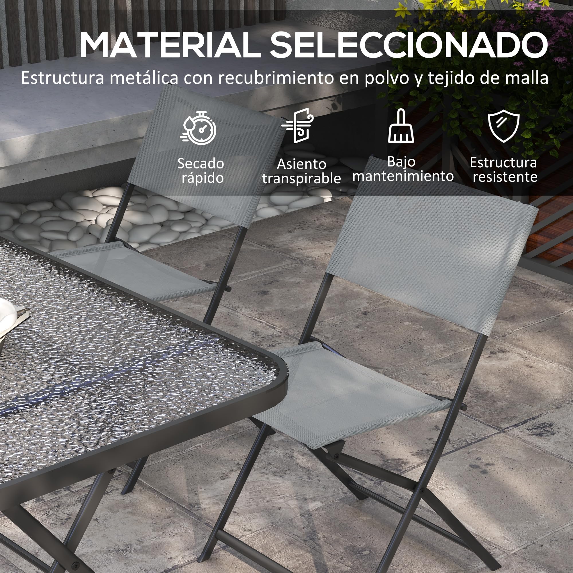 Outsunny Conjunto de Jardín Conjunto de Comedor de Exterior de 5 Piezas Incluye 1 Mesa de Vidrio Templado y 4 Sillas Plegables Estilo Moderno para Terraza Patio Gris