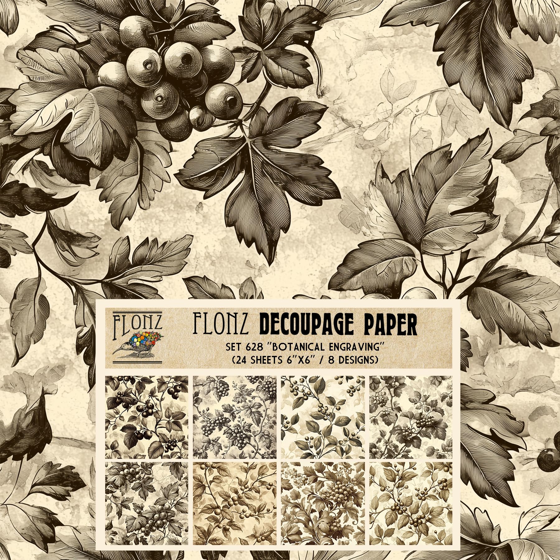 Flonz Twentynine Decoupage Paper Pack (24 Sheets 6"X6") Botanical Engraving: Intricate Vintage Illustrations Of Lush Foliage And Berries In Timeless Monochrome Style # Vintage Craft
