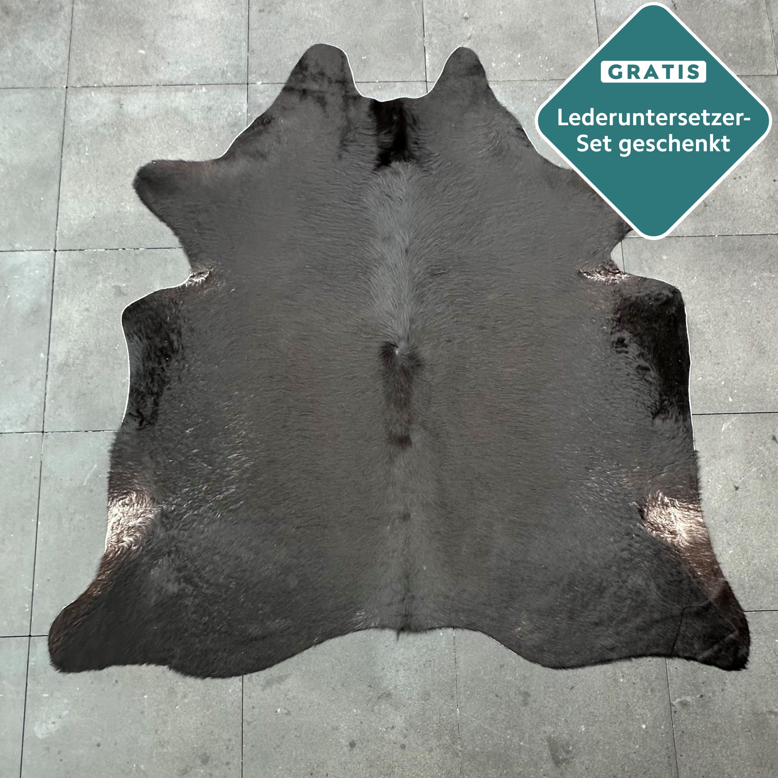 Großformat Echter Kuhfell Teppich – Tiefschwarz. Imposante 230x210 cm! Perfekt fürs Wohnzimmer. Nachhaltig, Tierfreundlich + GRATIS Lederuntersetzer