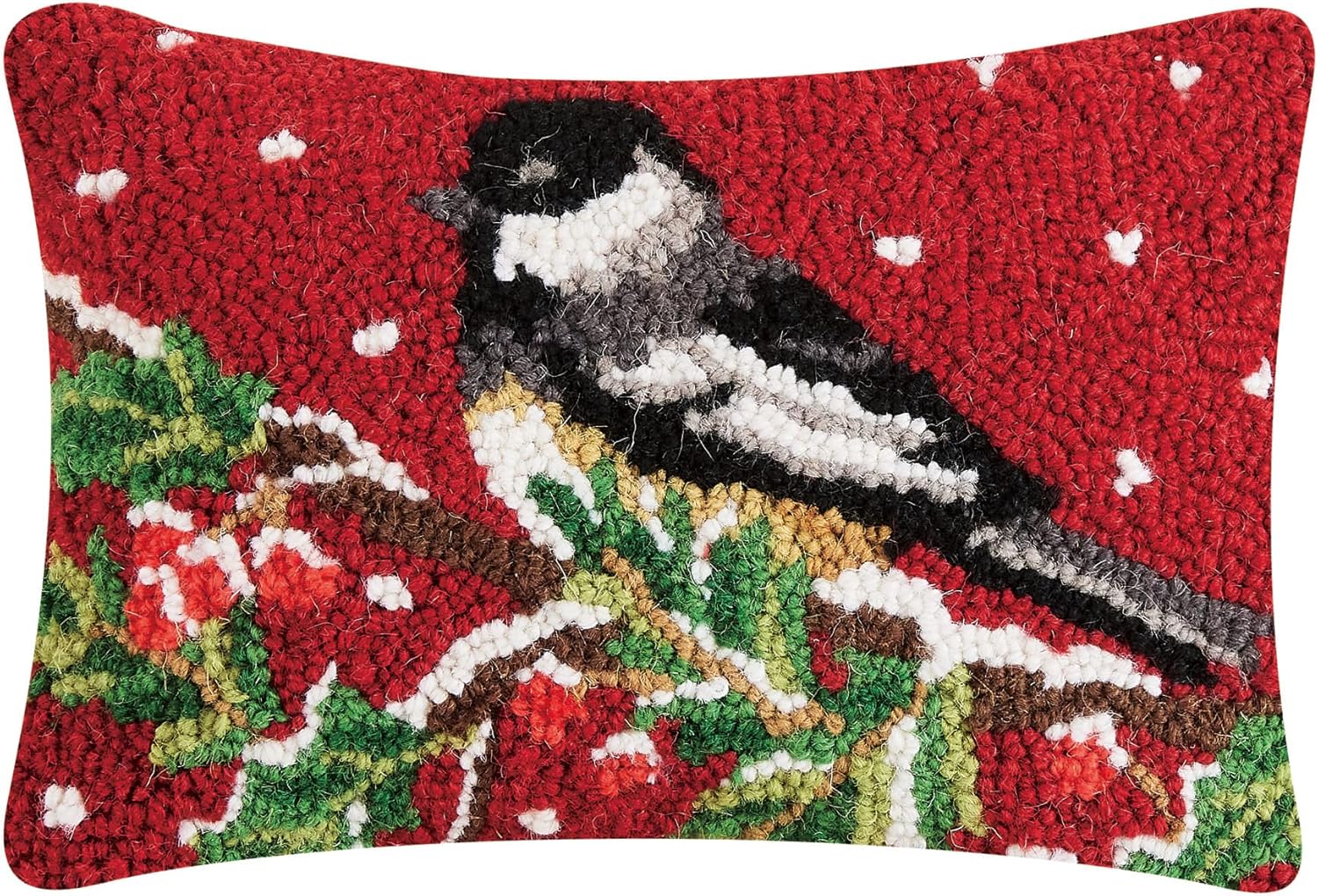 Peking Handicraft Chickadee On Branch Christmas Polyfill Hook Throw Pillow, 12-inch Length, Wool and Poly Velvet, Holiday Seasonal Decoration