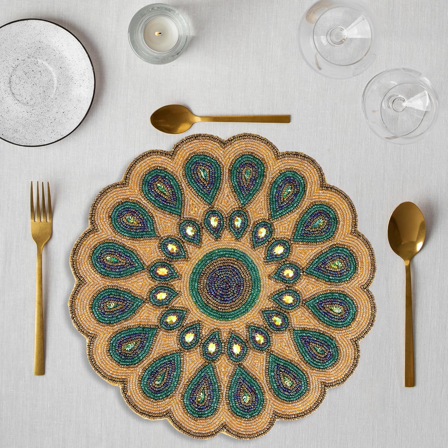 Beaded Placemats - Circle Placemats Set of 2 for Dining Table Decor - 13 Inch Fancy Round Beaded Placemat for Thanksgiving, Boho Party, Christmas Table Centerpieces - Green-Gold