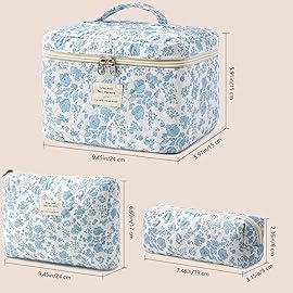 HBselect Quilted Makeup Bag, 3PCS Cotton Large Travel Makeup Bag, Cute Floral Coquette Make up Bag Cosmetic Bag Toiletry Bag for Women Girls