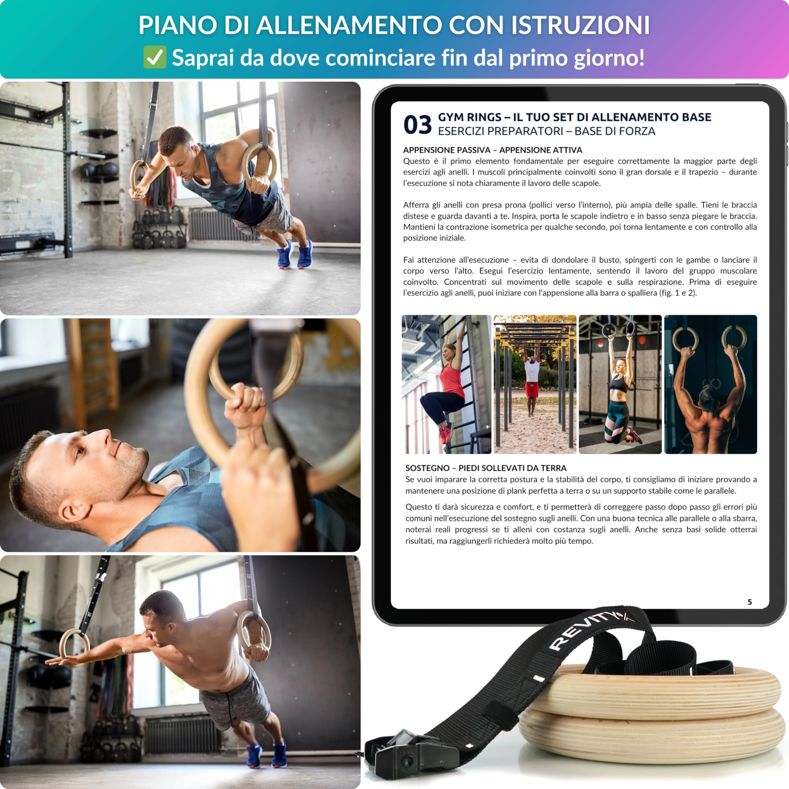 Anelli Calisthenics 32 mm - Anelli Ginnastica Legno per Crossfit e Palestra in Casa, Cinghie 450 x 3,8 cm con Marcature, Carico Massimo 250 kg, Nastri di Grip per Anello, Guida PDF