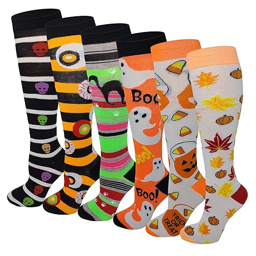 SUMONA 6 Pairs Women's Fancy Design Multi Colorful Patterned Knee High Socks (Halloween)