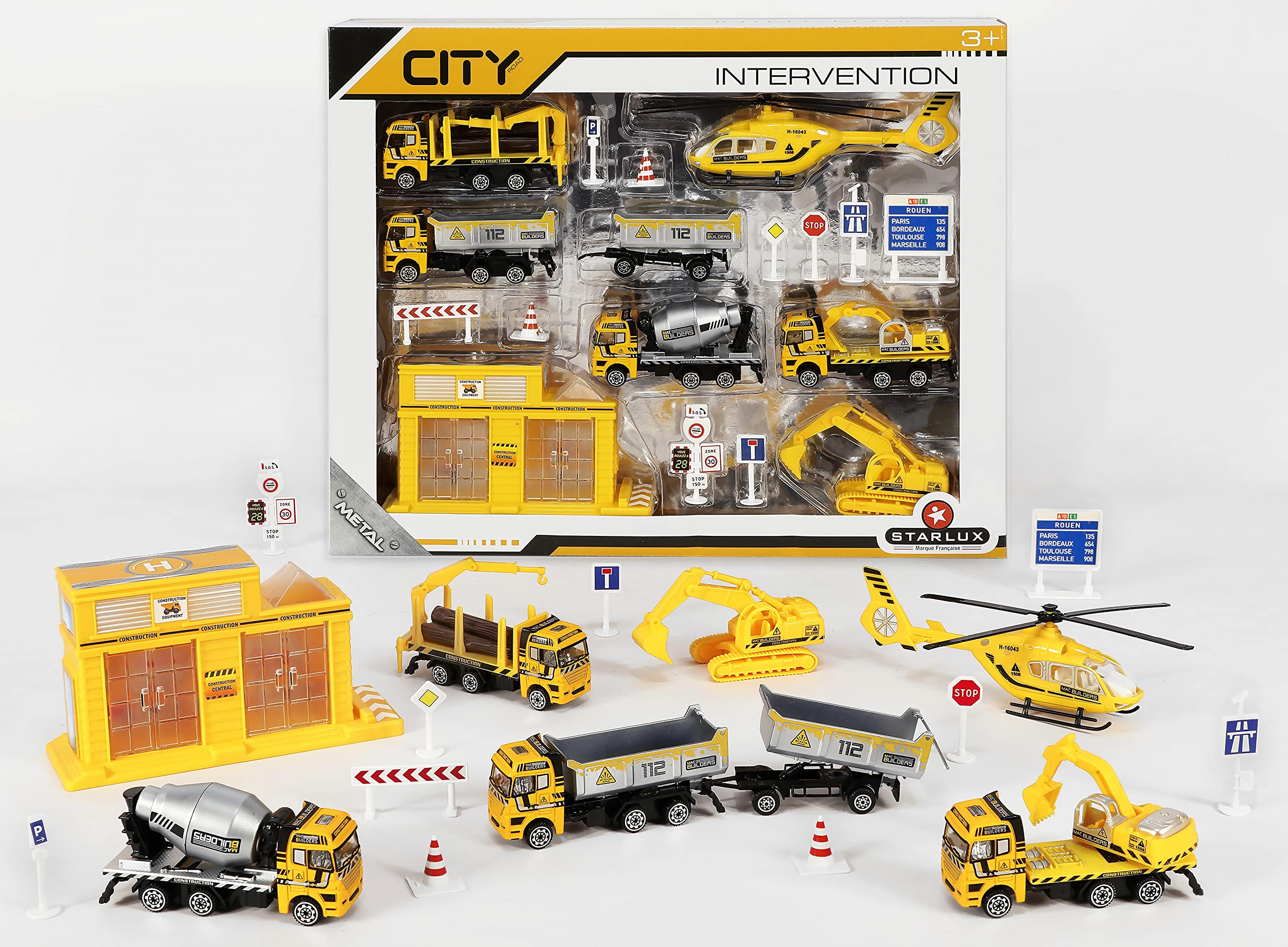 STARLUX Duży kompletny zestaw roboczy + 1 żuraw do montażu - Asortyment miniaturowych pojazdów z kolekcji metalowych - od 3 lat - 806151
