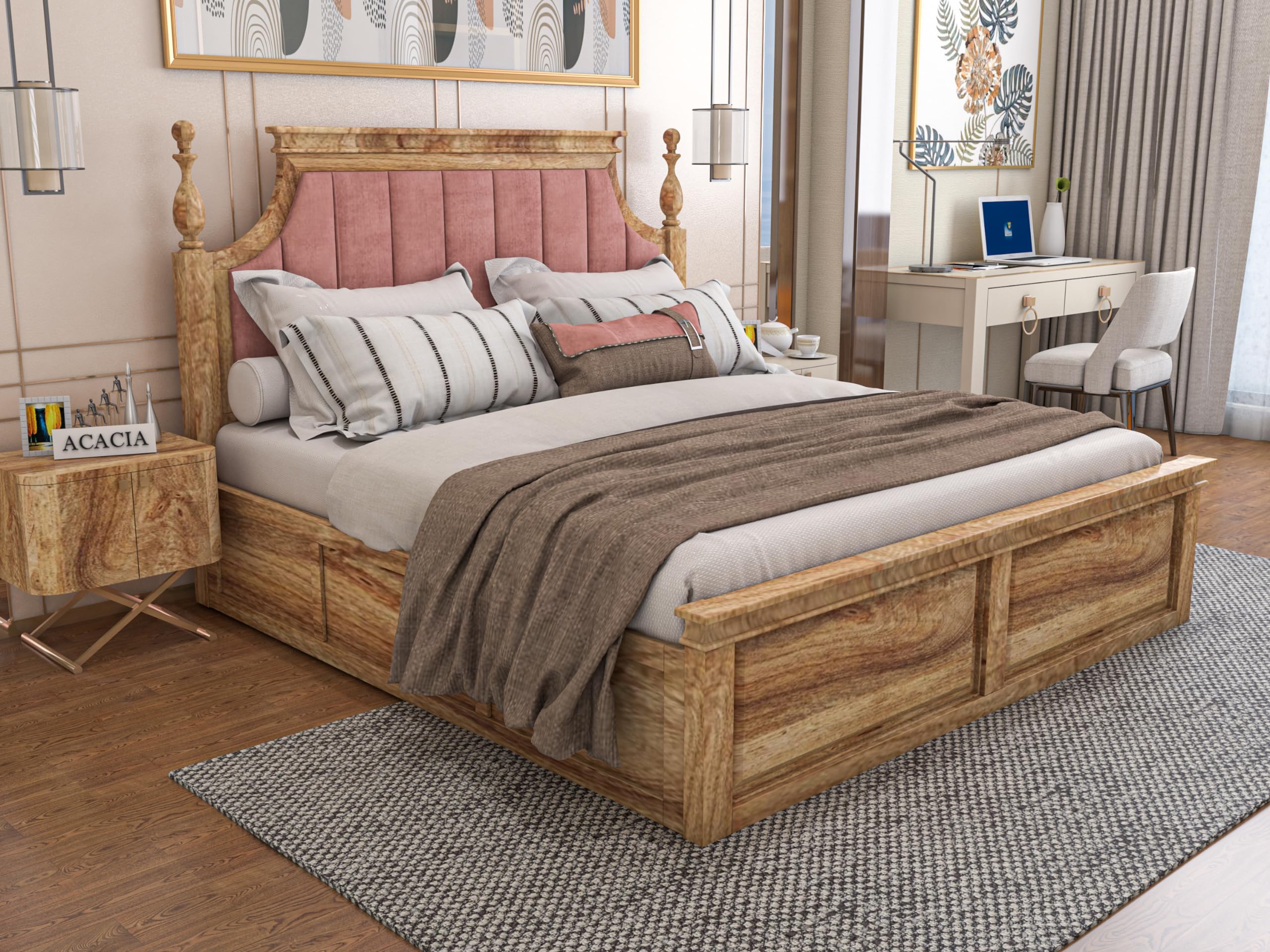 Craft Wooden King Size Bed with Storage | Double Bed Cot Bed with Box Storage & Pink Colour Upholstered Cushioned Headboard for Bedroom | Solid Wood Sheesham, Teak Finish-image-47