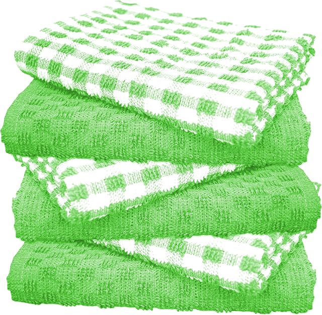 A & B TRADERS 100% Cotton Terry Tea Towels Packs (Sets of 2, 3, 6, 12 or 15) Egyptian Mono Check Superdry Soft Professional Hotel Quality Kitchen Dish Cloth (Green, 6)