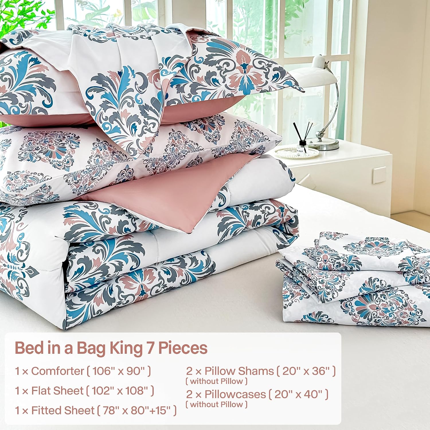 lasoftan Floral King Comforter Set with Sheets, 7 piece Luxury Vintage Bedding, Soft Microfiber Bed in a Bag, Cozy Lightweight Bed Set, Damask Boho Flower