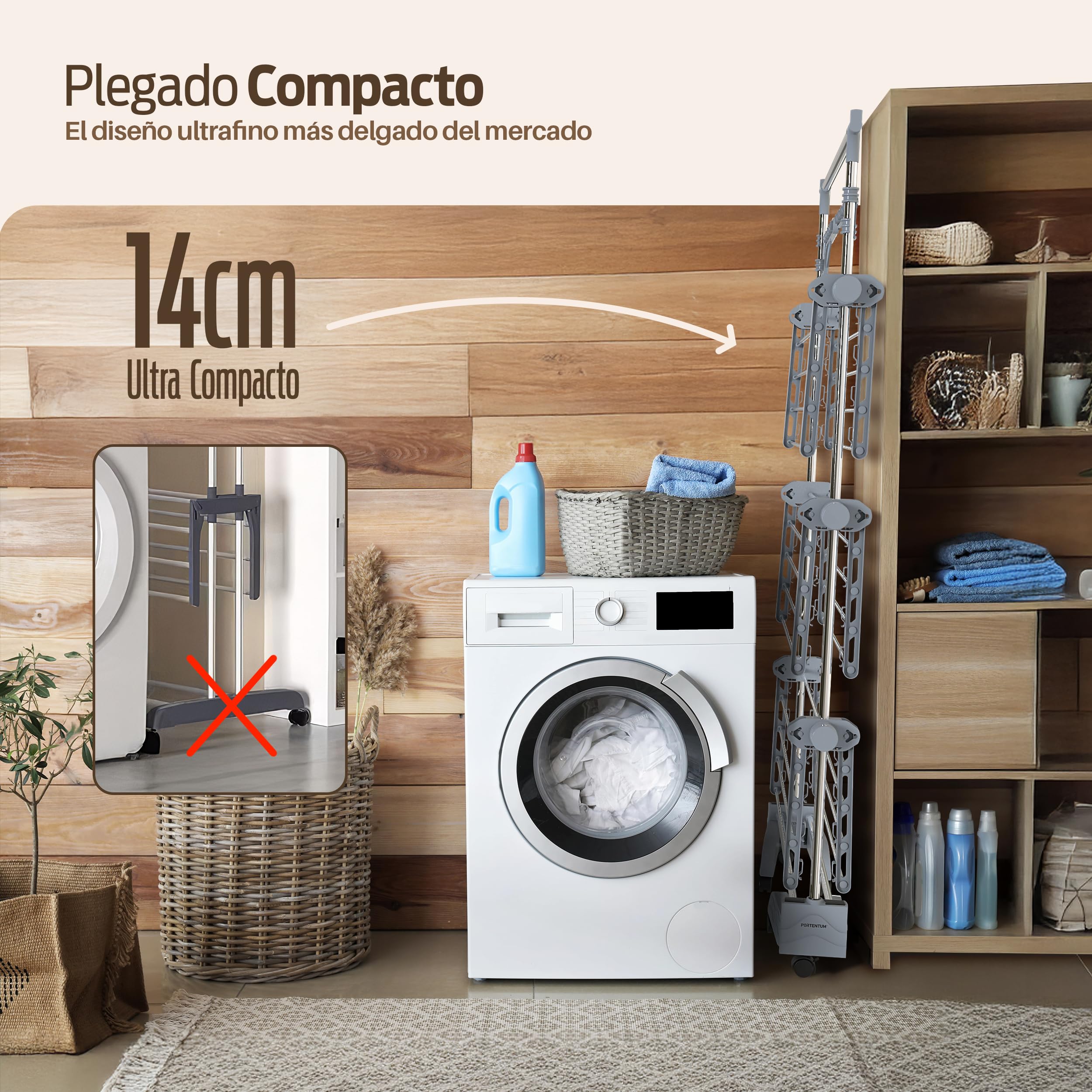 PORTENTUM Tendedero Vertical Plegable 14 cm – 5 Niveles y 58 Ganchos para Perchas – hasta 40 kg – Tenderete 24 Barras de Secado de Acero Inoxidable – Interior y Exterior – Ruedas giratorias con Freno
