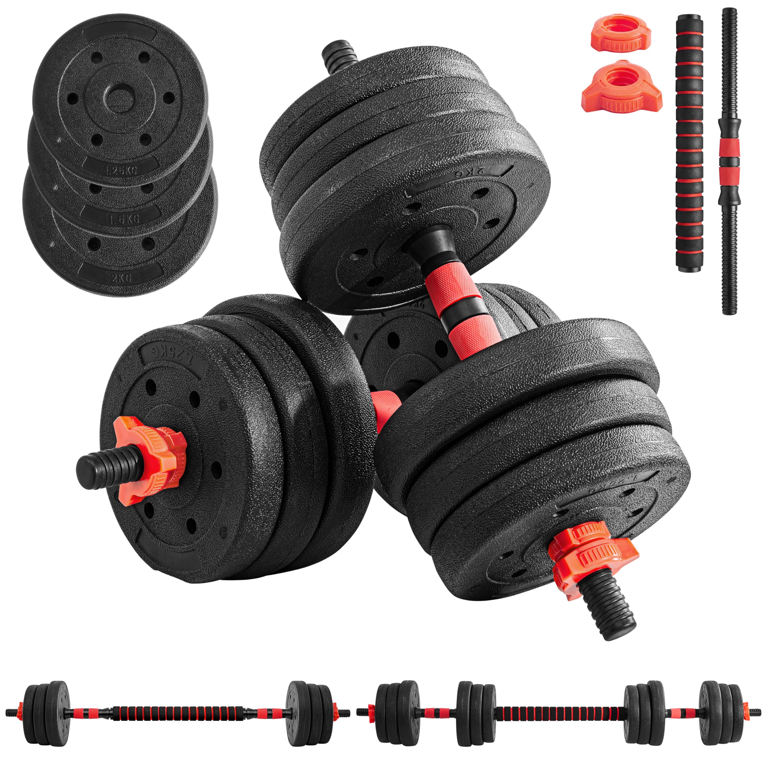 Yaheetech Set di Manubri 2 in 1 da 20 kg, Manubri Regolabili con Barra di Collegamento e 12 Dischi Pesi, Impugnatura Antiscivolo, Bilanciere Palestra per Allenamento di Forza per Fitness a Casa, Nero