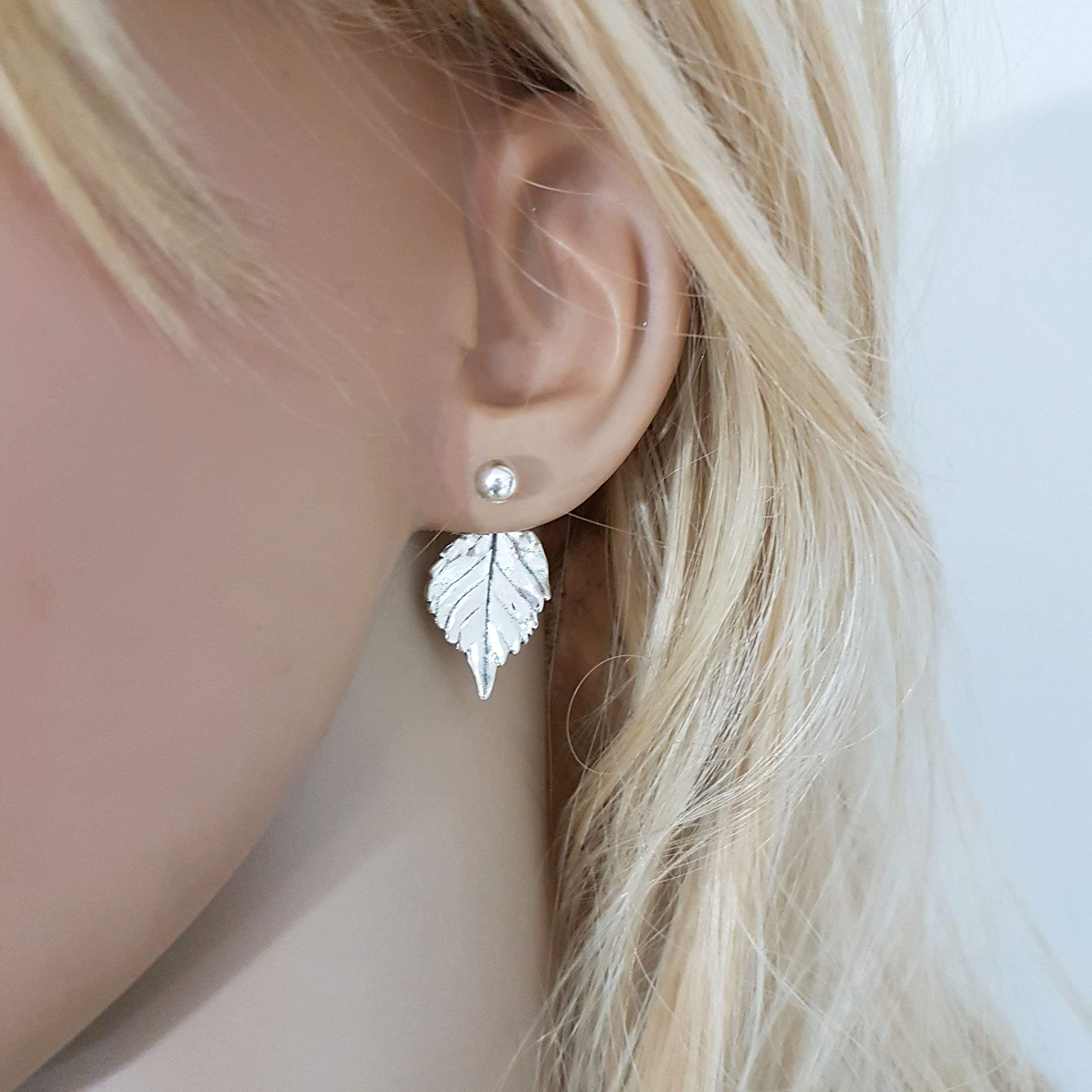 Big Leaf Ear Jacket Earrings in Sterling Silver, Double Sided Fall Earrings For Women and Girls