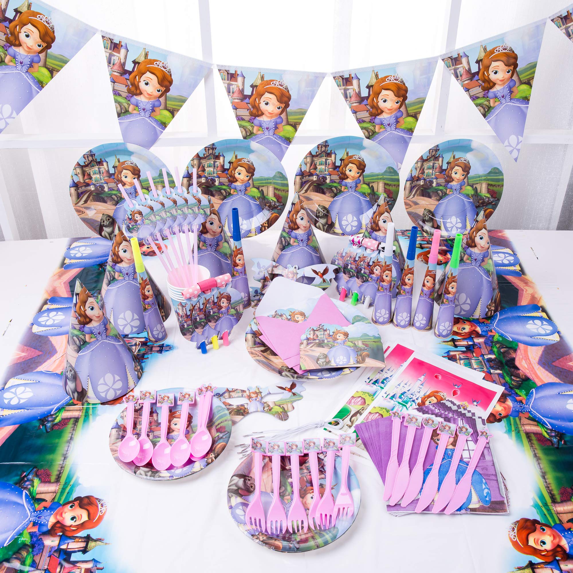 90pcs Set Sofia The First Theme Party Disposable Tableware Set Decoration Supplies Christmas Table Cloth Set for Kids Favor Birthday Decoration Props
