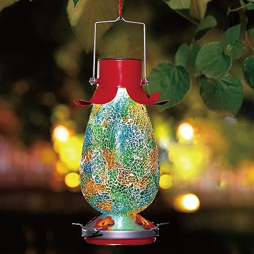 Miniatura 7 de Comedero solar LED para colibríes para exteriores, mosaico de vidrio multicolor, botella de néctar de colibrí colgante con 4 estaciones de