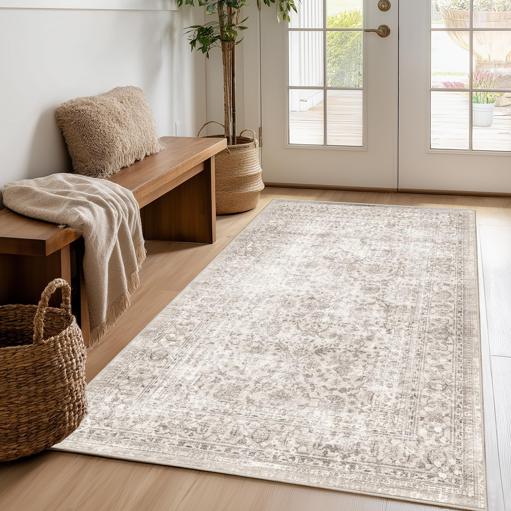 Beauoop Entryway Rug Washable Beige Vintage Distressed Door Mat 80x150 cm Non Slip Low Pile Indoor Carpet Soft Retro Small Throw Area Rugs for Entry Way Entrance Bedroom Kitchen Bathroom Laundry