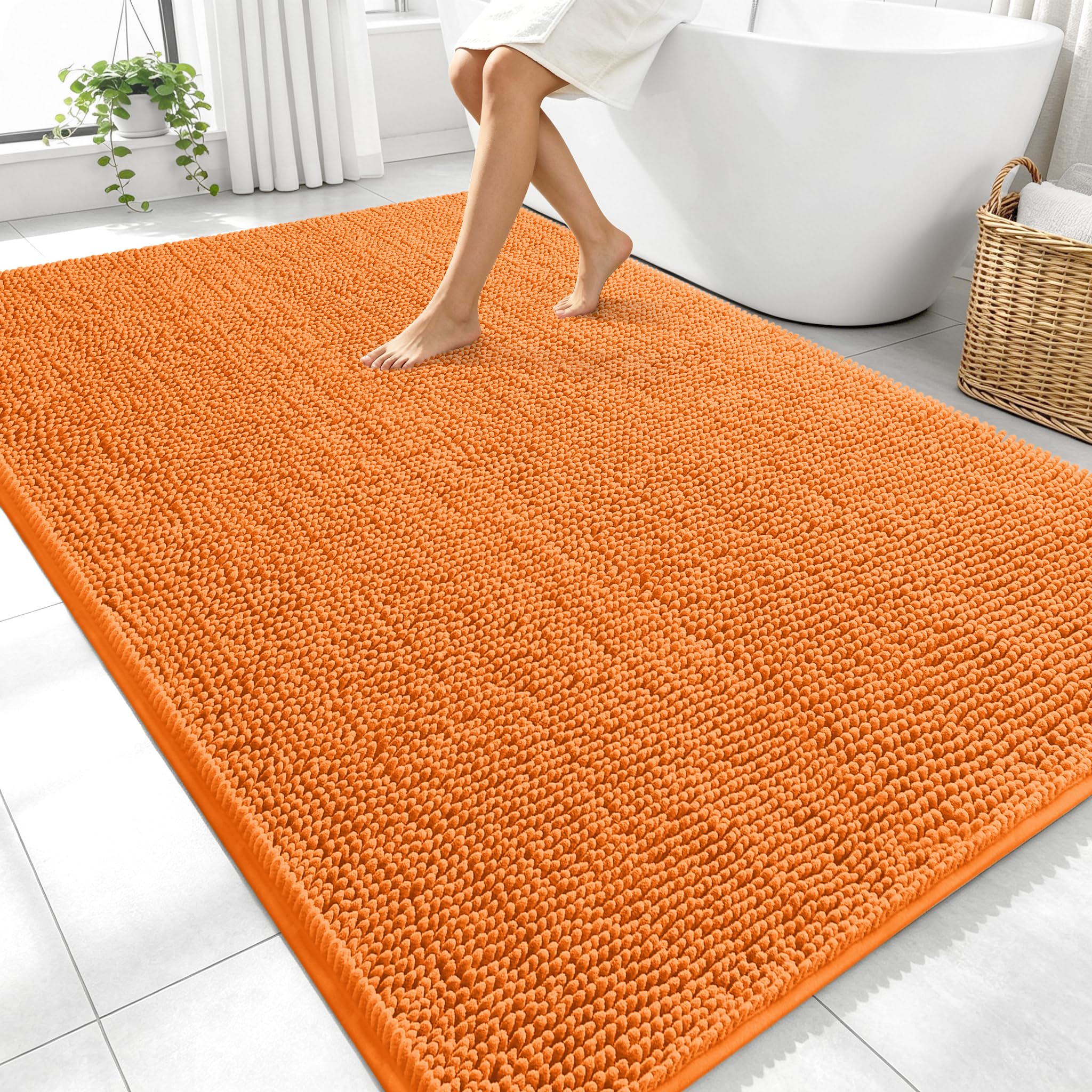 OLANLY Large Bathroom Rugs 70x46, Extra Soft Absorbent Chenille Bath Rugs | Orange, Quick-Drying Rubber Backing, Machine Washable Bath Mat for Bathroom Floor, Tub and Shower, Home Decor Accessories