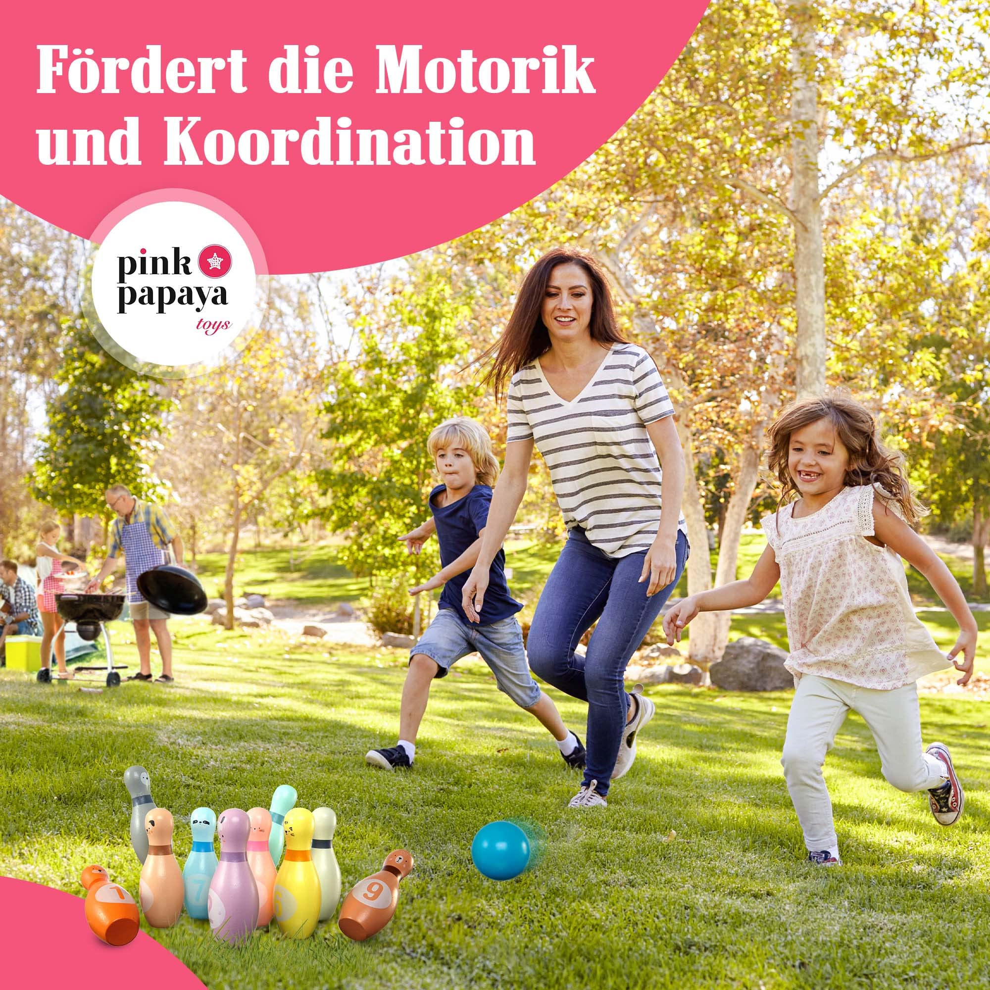 Pink Papaya Kegelspiel für Kinder | 12 teiliges Bowling Set | Spielzeug aus Holz | Outdoor & Indoor Spielzeug | schult & fördert Ihr Kind